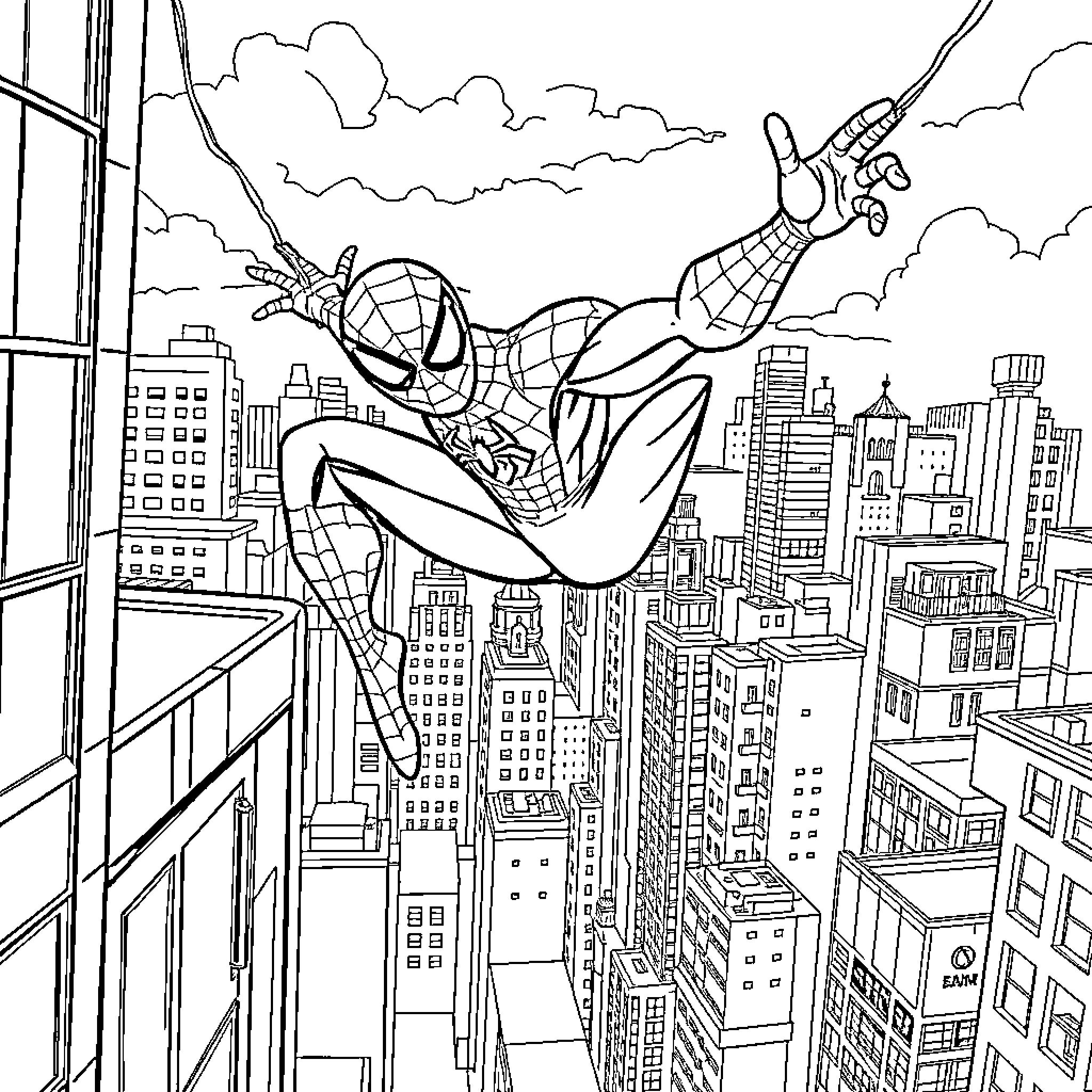 Spiderman swinging through the city skyline Coloring Page (free black-and-white line drawing printable PDF for all, from beginners to advanced learners, including children, teens, adults, and seniors)
