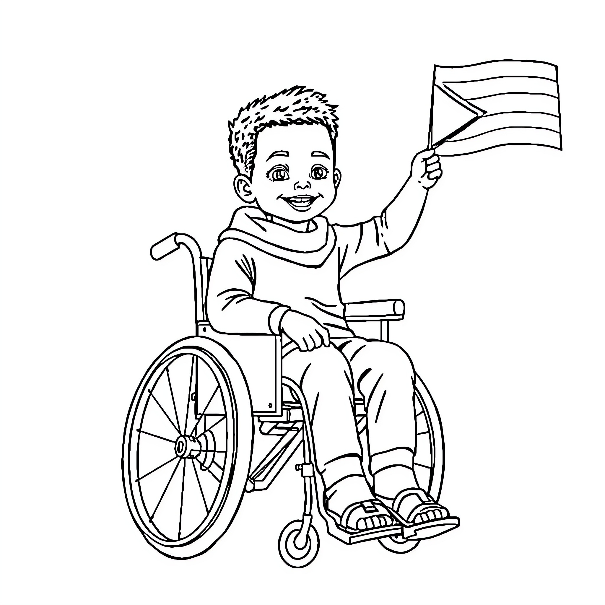 Kid with Disabilities Joyfully Waving Flag Coloring Page (free black-and-white line drawing printable PDF for all, from beginners to advanced learners, including children, teens, adults, and seniors)