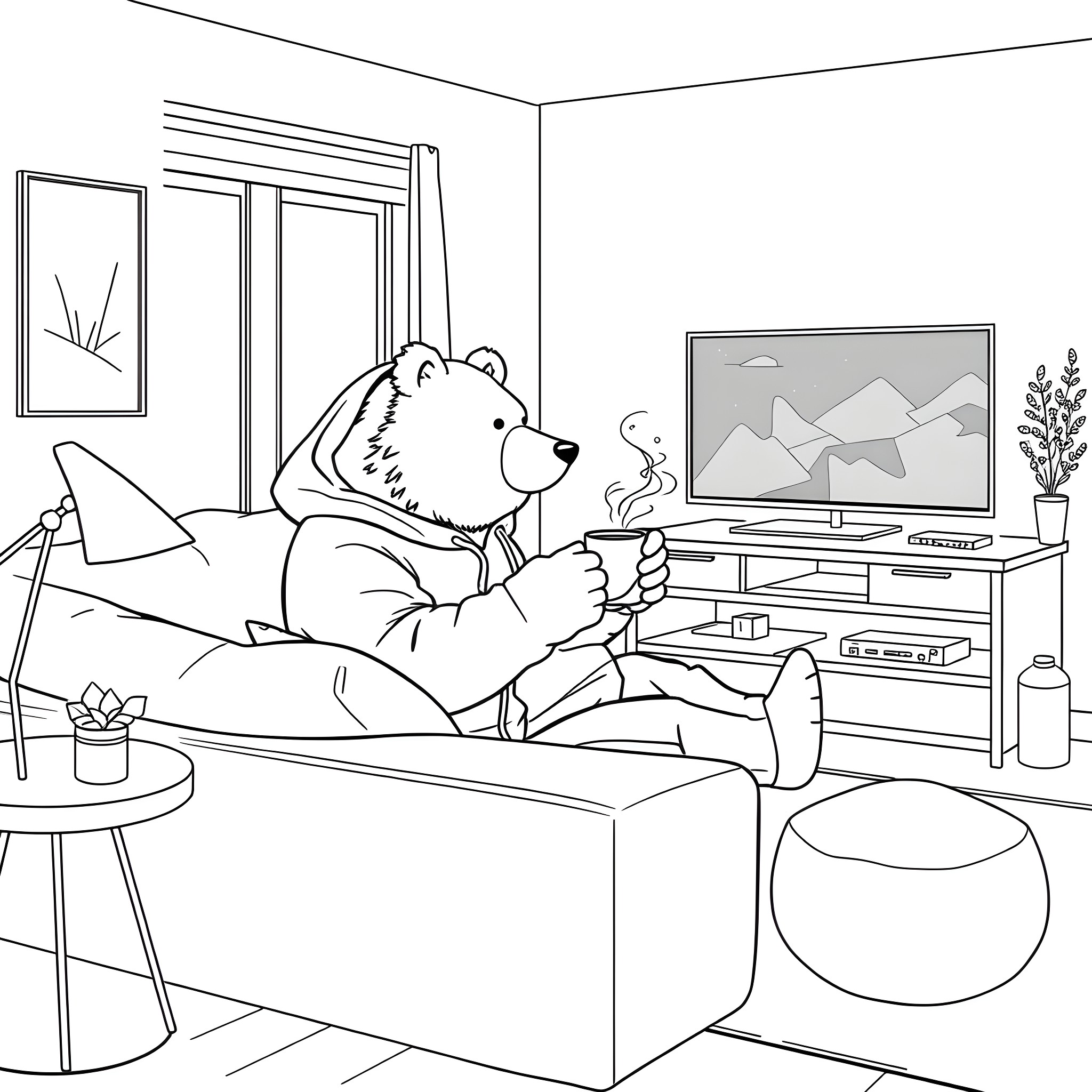 Bear relaxing at home watching television Coloring Page (free black-and-white line drawing printable PDF for all, from beginners to advanced learners, including children, teens, adults, and seniors)