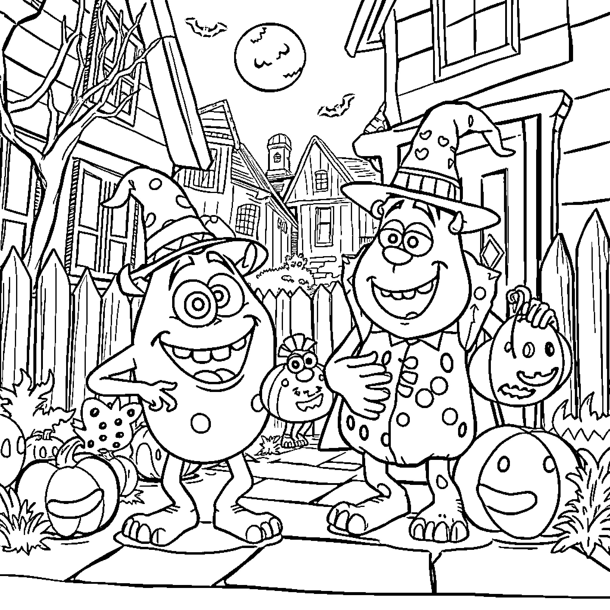 Mike Wazowski and Monster Friends Explore Halloween Town Coloring Page (free black-and-white line drawing printable PDF for all, from beginners to advanced learners, including children, teens, adults, and seniors)