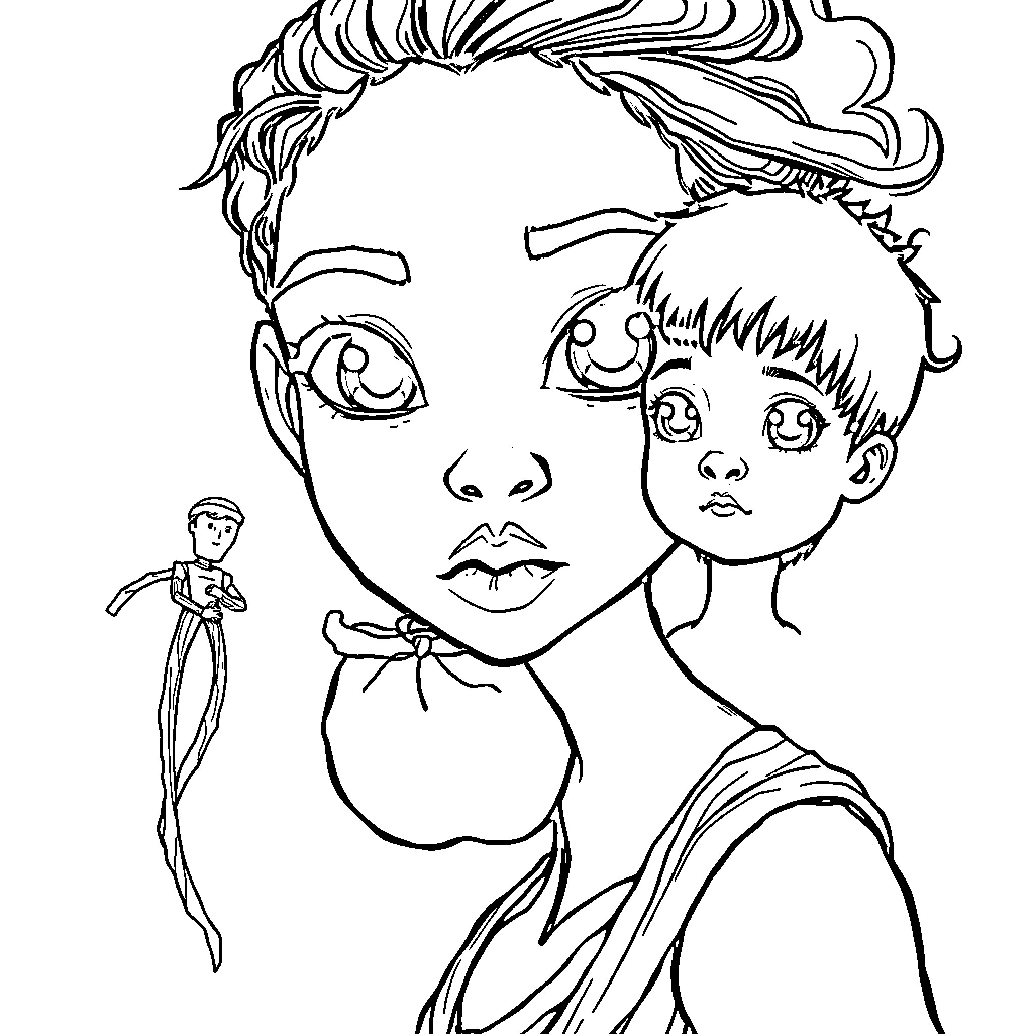 Boy and his Tiny Toy Companion Coloring Page (free black-and-white line drawing printable PDF for all, from beginners to advanced learners, including children, teens, adults, and seniors)