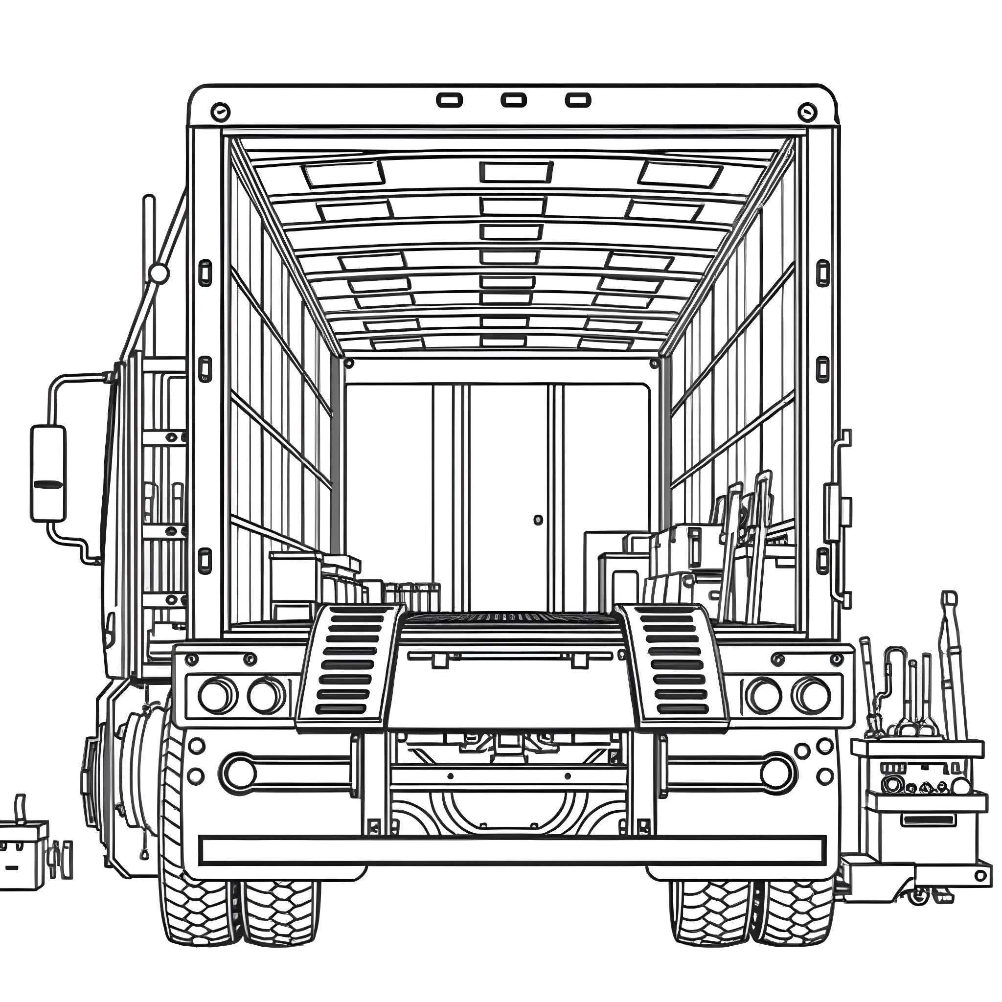 Ramp Truck Transporting Construction Equipment Coloring Page (free black-and-white line drawing printable PDF for all, from beginners to advanced learners, including children, teens, adults, and seniors)