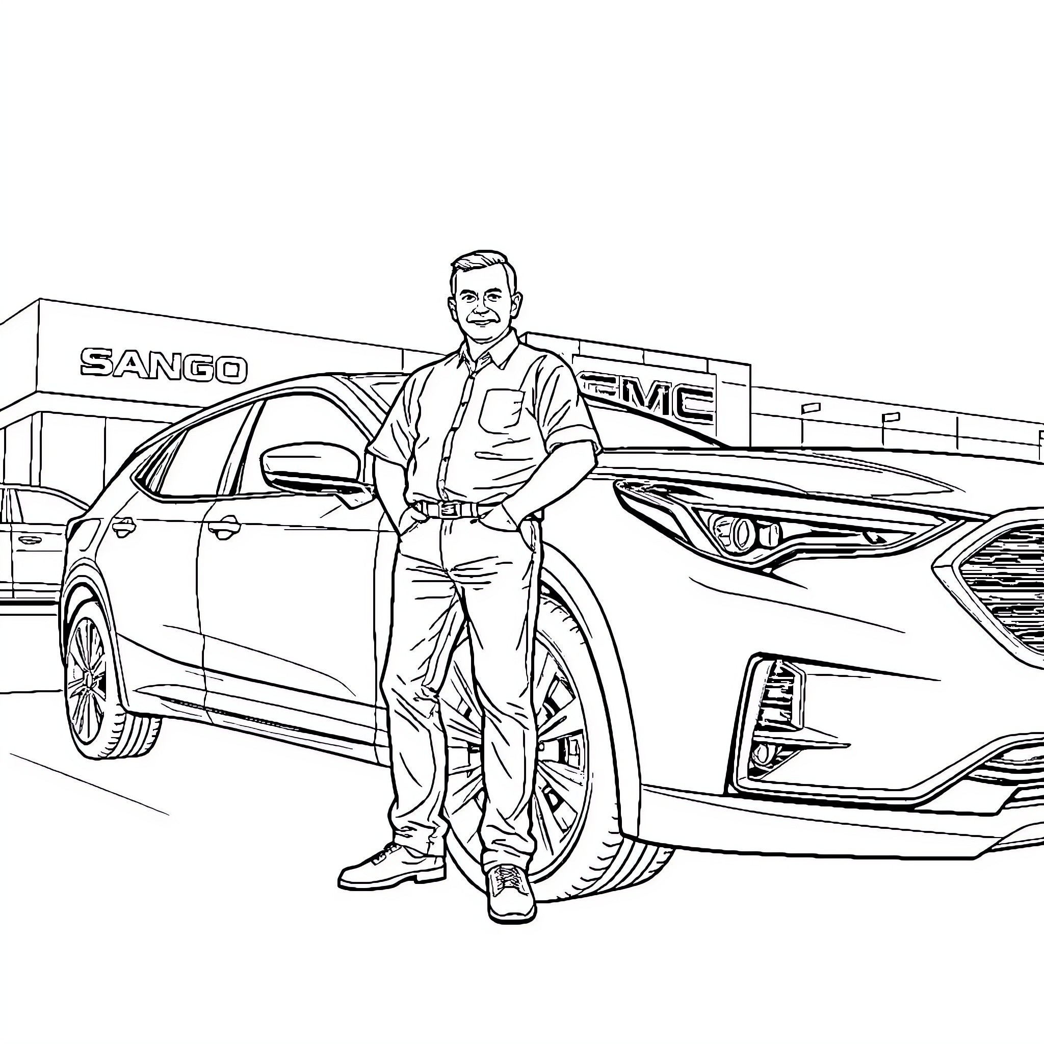 Car dealership salesman posing with vehicle Coloring Page (free black-and-white line drawing printable PDF for all, from beginners to advanced learners, including children, teens, adults, and seniors)