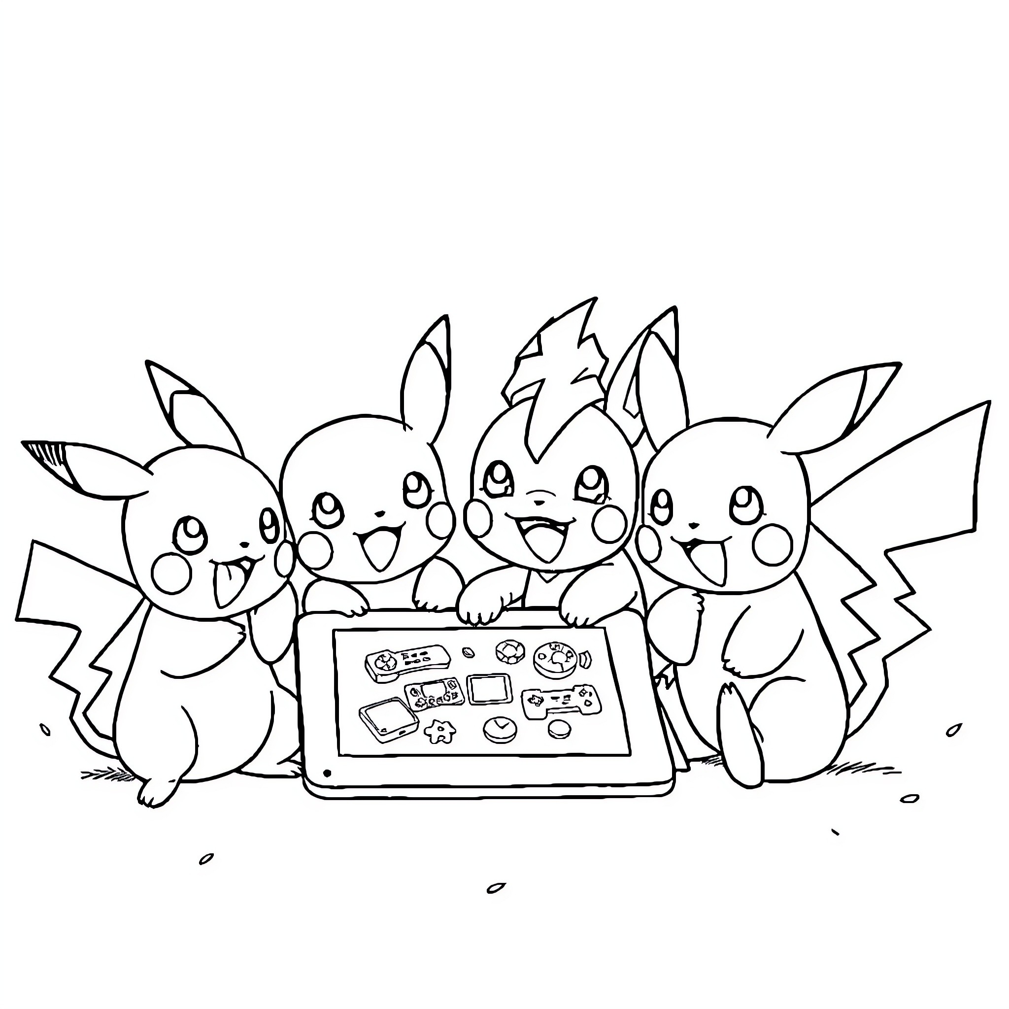 Pokémon characters playing with digital devices Coloring Page (free black-and-white line drawing printable PDF for all, from beginners to advanced learners, including children, teens, adults, and seniors)