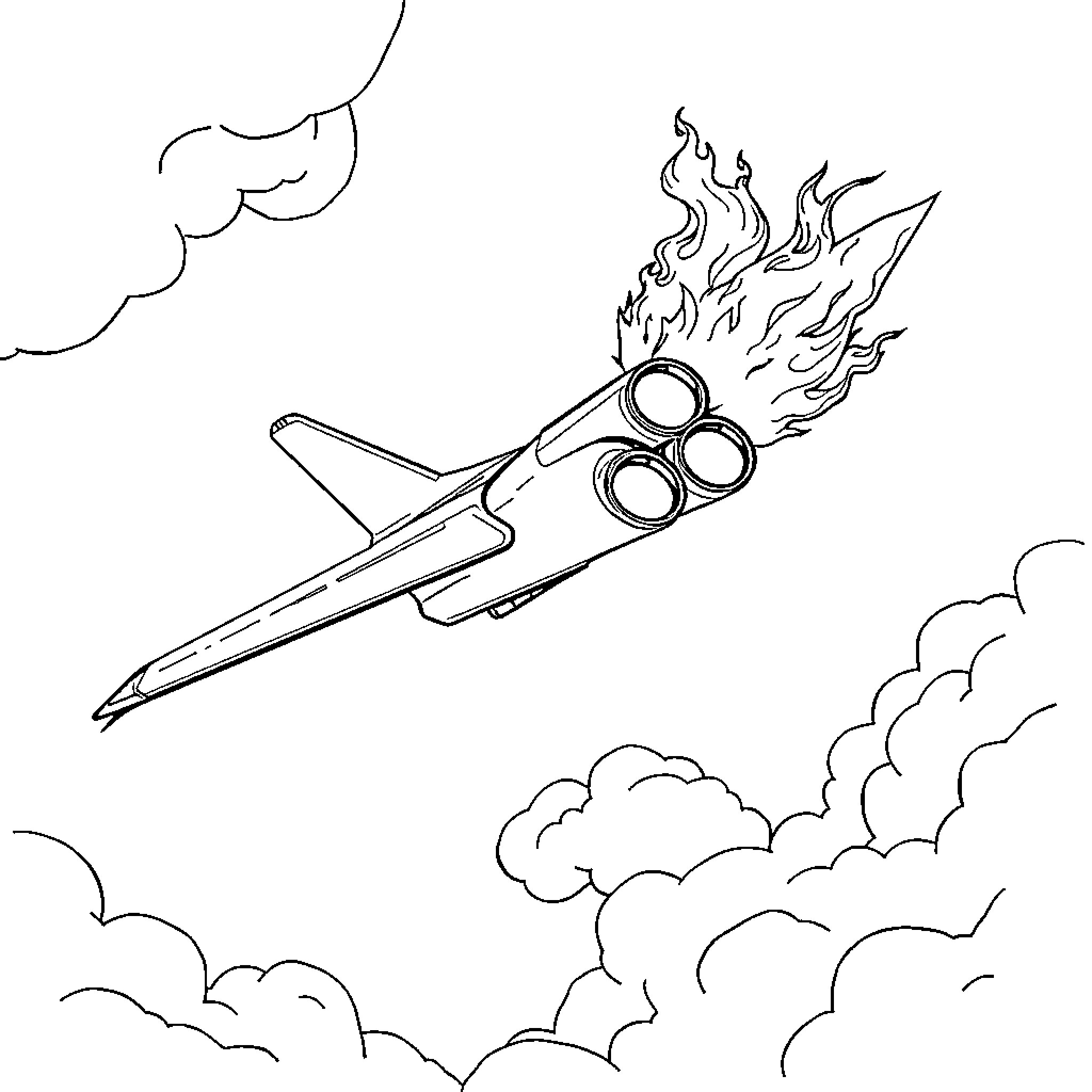 Jet Soaring through the Clouds Coloring Page (free black-and-white line drawing printable PDF for all, from beginners to advanced learners, including children, teens, adults, and seniors)