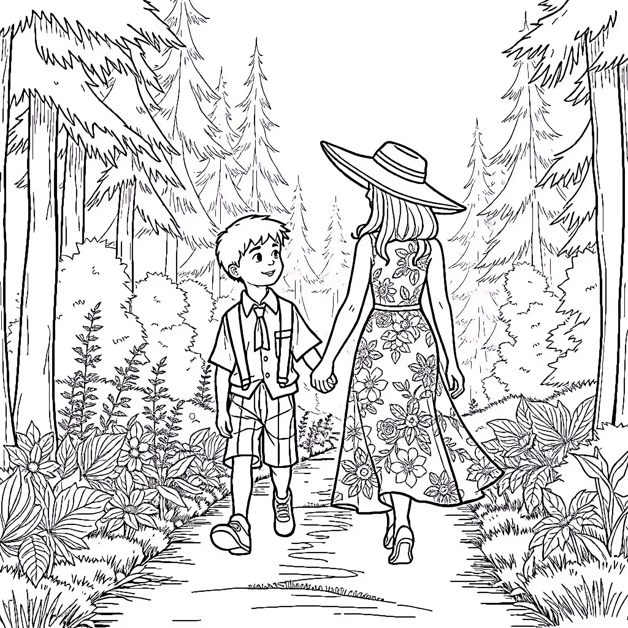 Boy and girl strolling through forest Coloring Page (free black-and-white line drawing printable PDF for all, from beginners to advanced learners, including children, teens, adults, and seniors)