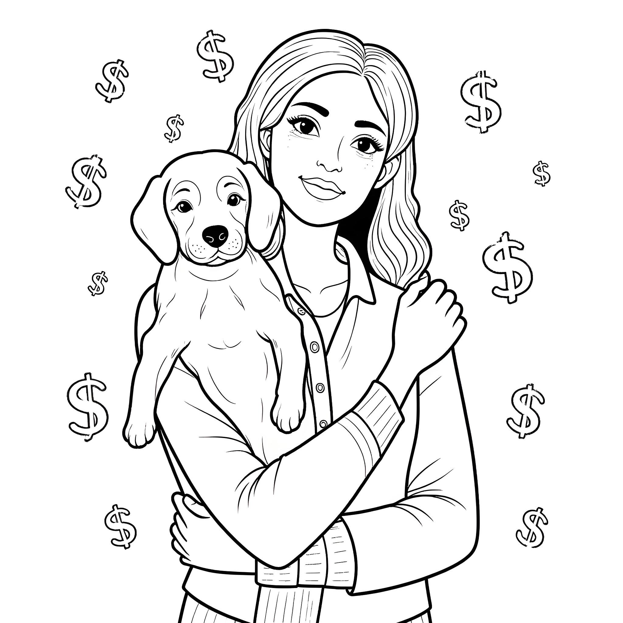 Woman embracing puppy with dollar signs Coloring Page (free black-and-white line drawing printable PDF for all, from beginners to advanced learners, including children, teens, adults, and seniors)