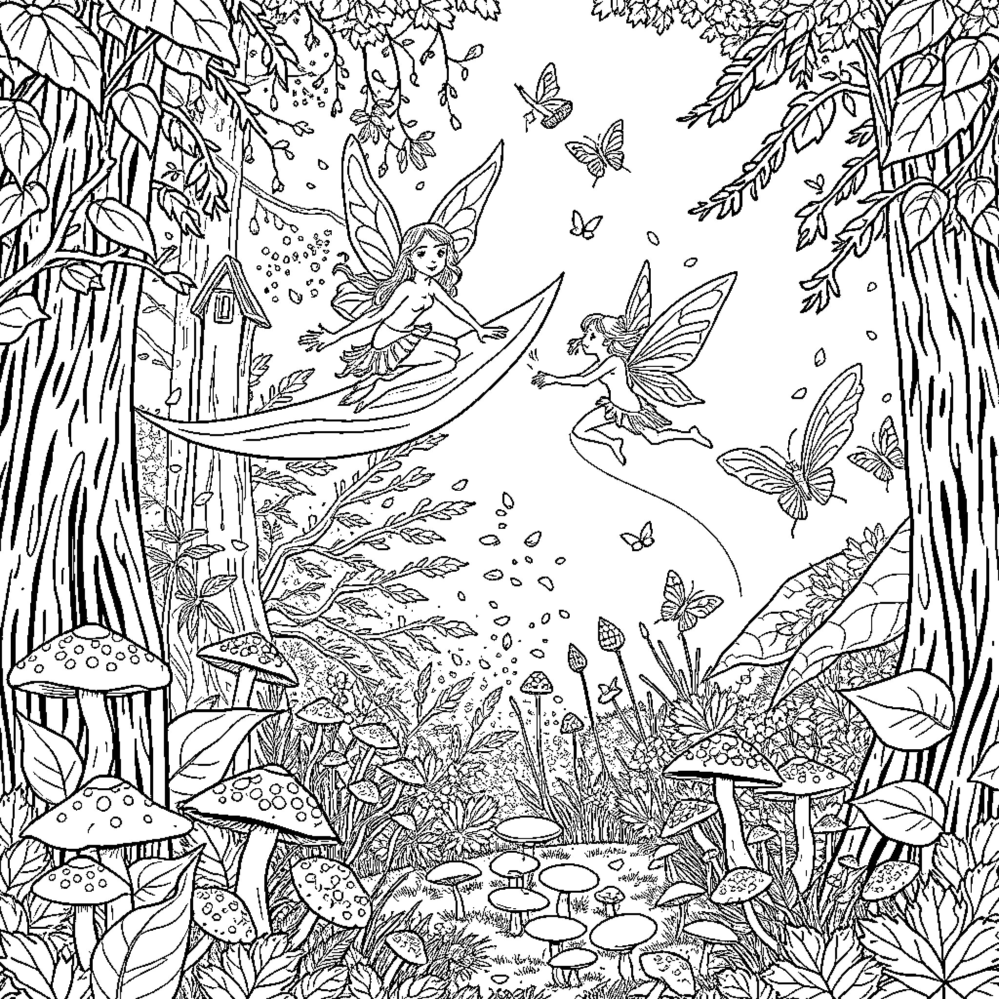 Fairy Creatures Frolicking in Enchanted Forest Coloring Page (free black-and-white line drawing printable PDF for all, from beginners to advanced learners, including children, teens, adults, and seniors)