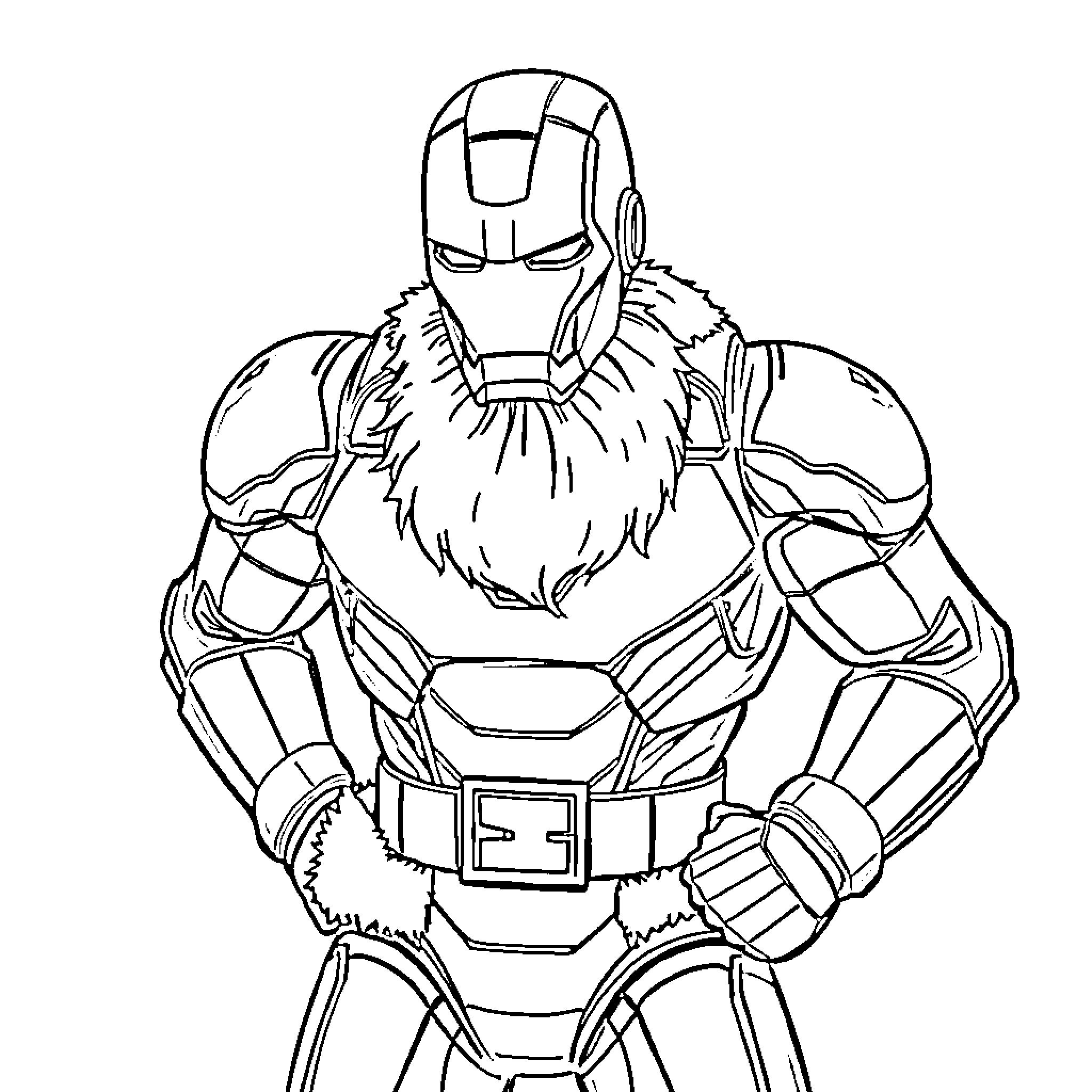 Iron Man in Powerful Armored Pose Coloring Page (free black-and-white line drawing printable PDF for all, from beginners to advanced learners, including children, teens, adults, and seniors)