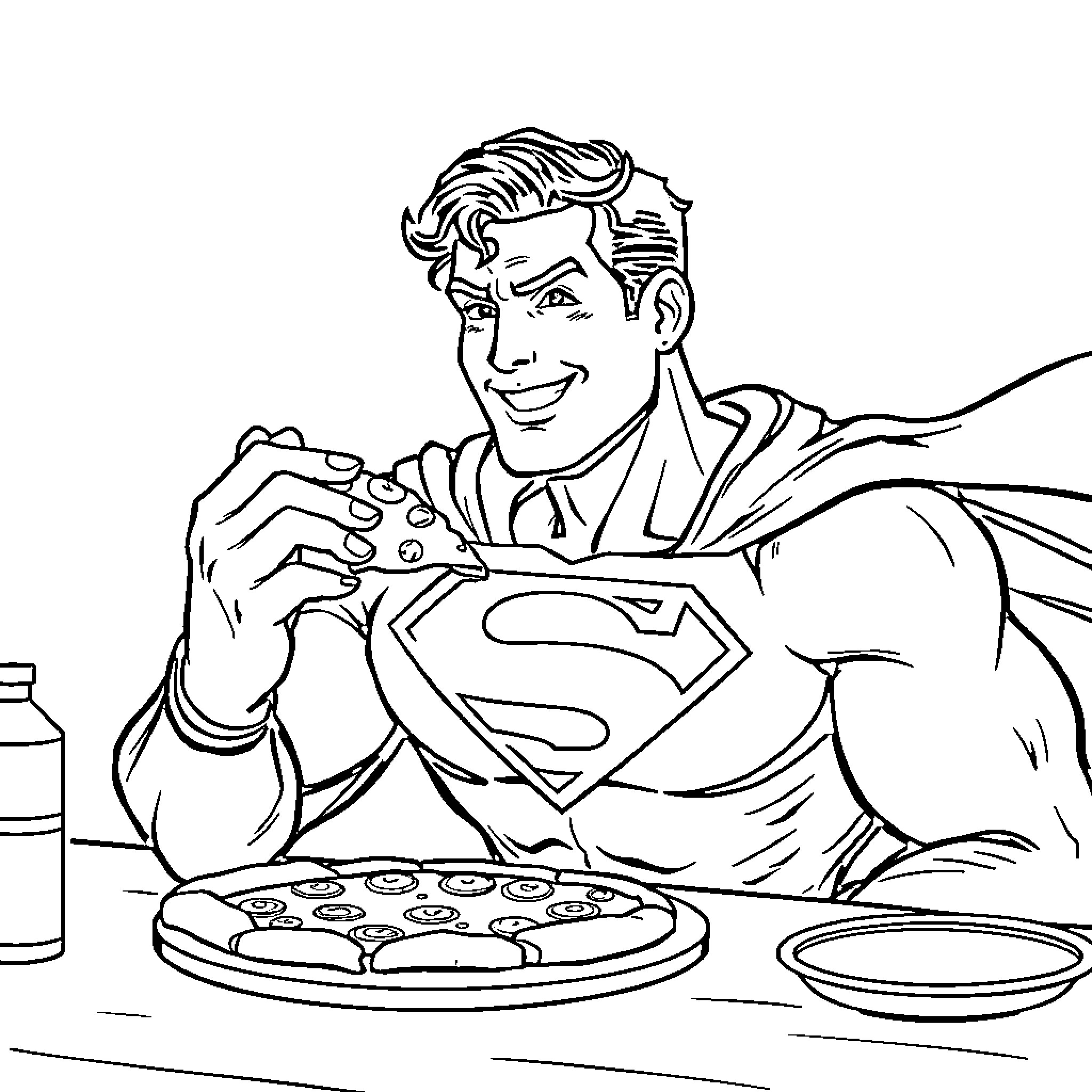 Superman enjoys a hearty meal Coloring Page (free black-and-white line drawing printable PDF for all, from beginners to advanced learners, including children, teens, adults, and seniors)
