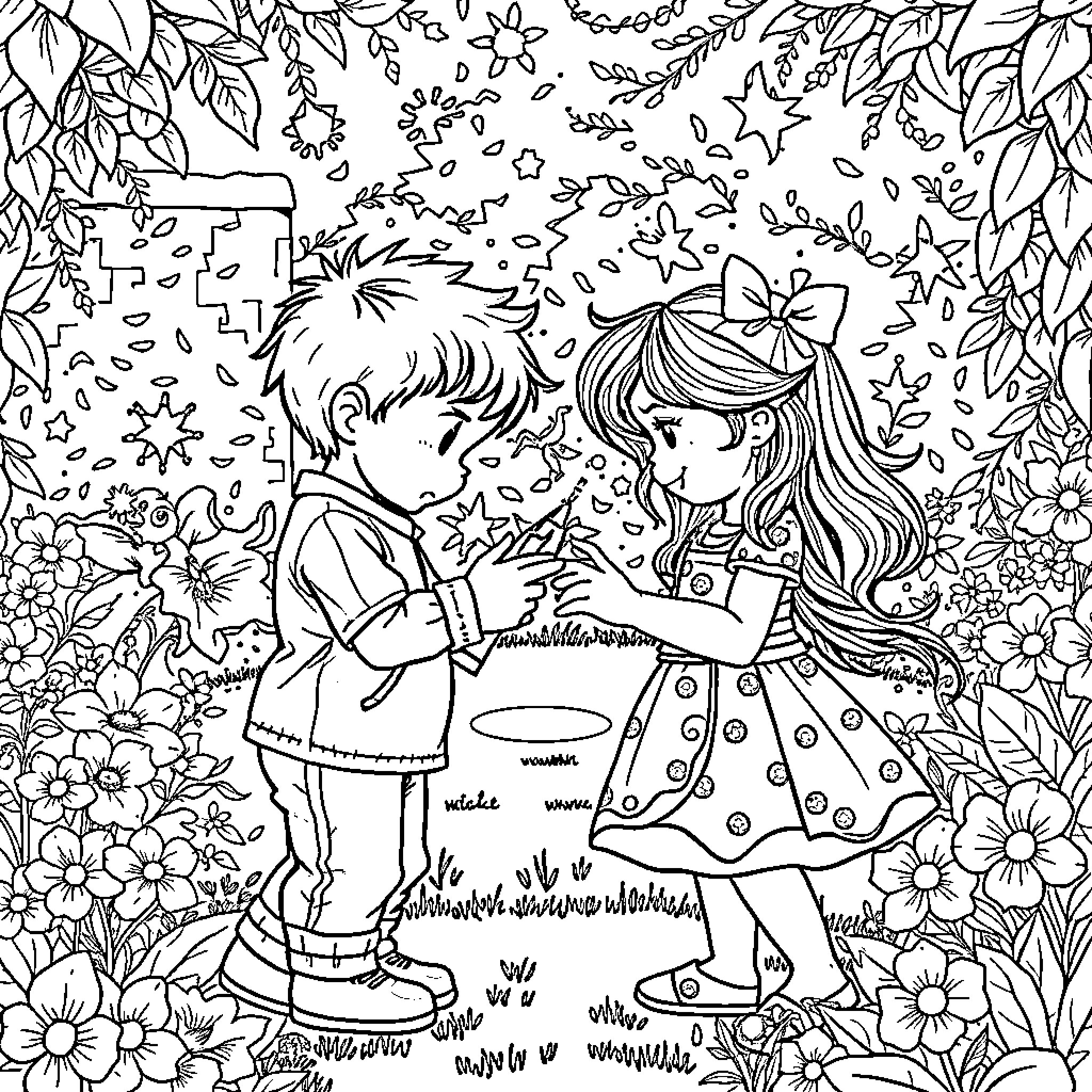 Niño y Niña en un Jardín Floral Coloring Page (free black-and-white line drawing printable PDF for all, from beginners to advanced learners, including children, teens, adults, and seniors)