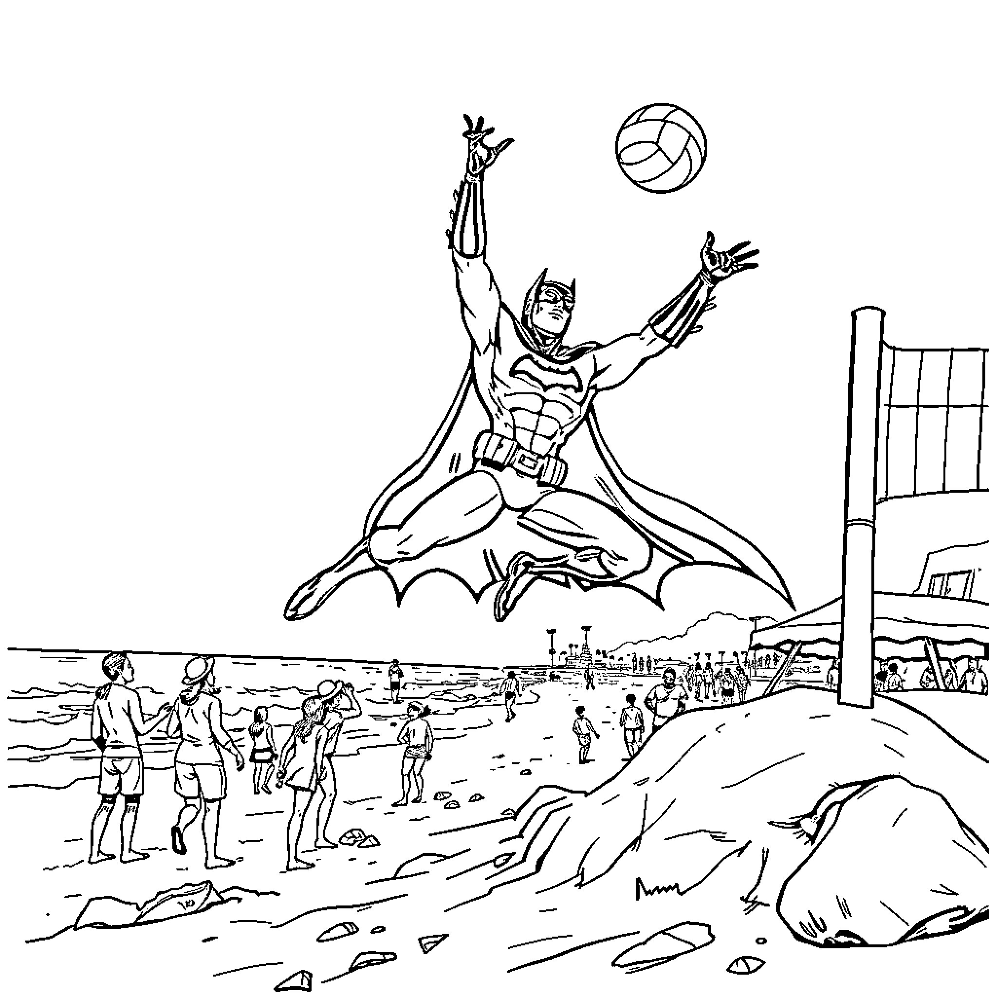 Batman soaring over beachgoers playing volleyball Coloring Page (free black-and-white line drawing printable PDF for all, from beginners to advanced learners, including children, teens, adults, and seniors)