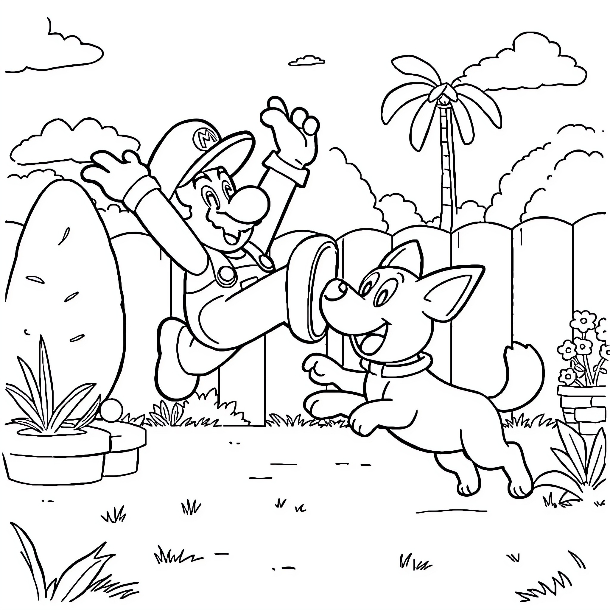 Mario and Yoshi Exploring the Tropical Scenery Coloring Page (free black-and-white line drawing printable PDF for all, from beginners to advanced learners, including children, teens, adults, and seniors)
