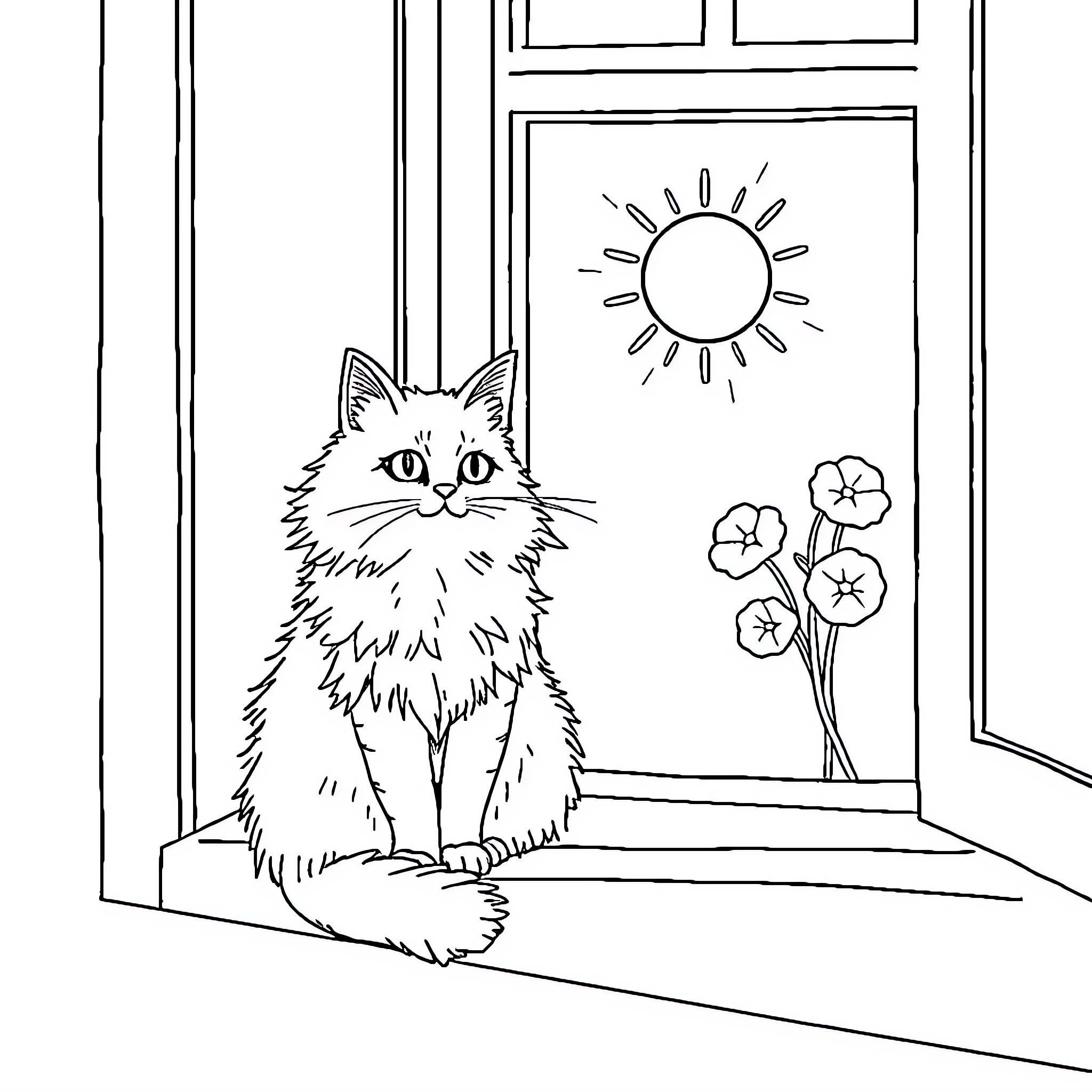 Cat enjoying the sunny day through the window Coloring Page (free black-and-white line drawing printable PDF for all, from beginners to advanced learners, including children, teens, adults, and seniors)