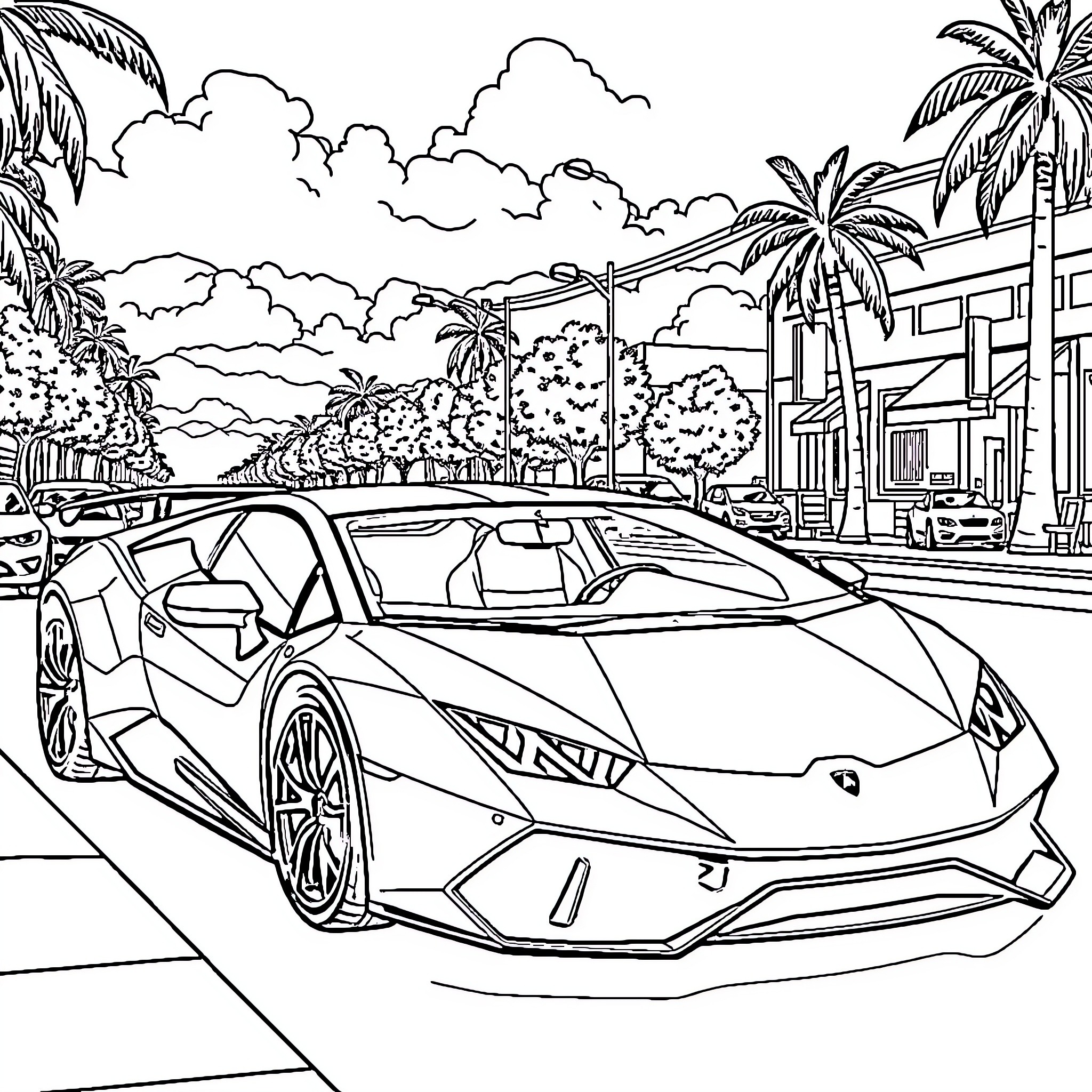 Lamborghini sports car on a tropical street Coloring Page (free black-and-white line drawing printable PDF for all, from beginners to advanced learners, including children, teens, adults, and seniors)