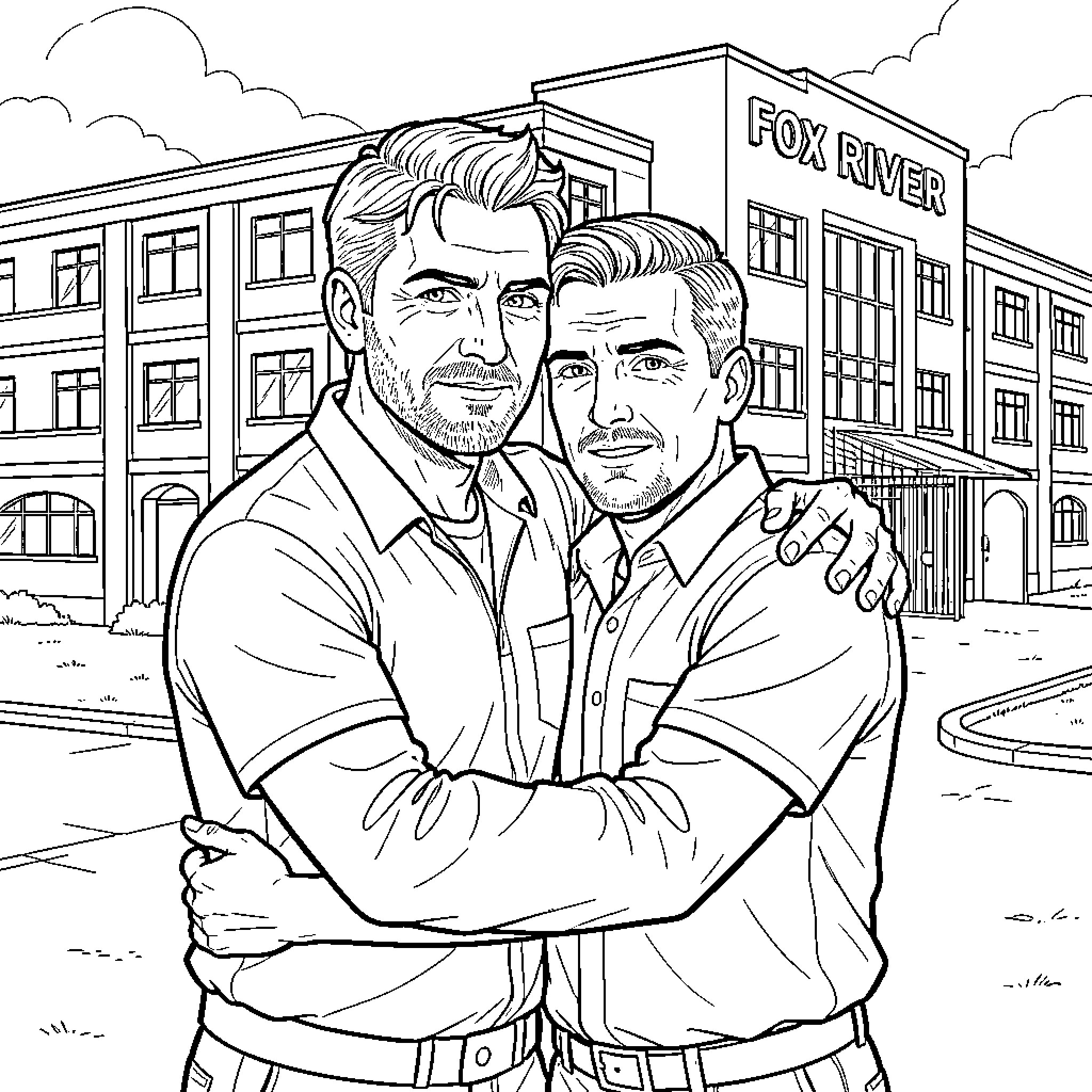 Michael Scofield hugging a friend in front of Fox River Coloring Page (free black-and-white line drawing printable PDF for all, from beginners to advanced learners, including children, teens, adults, and seniors)
