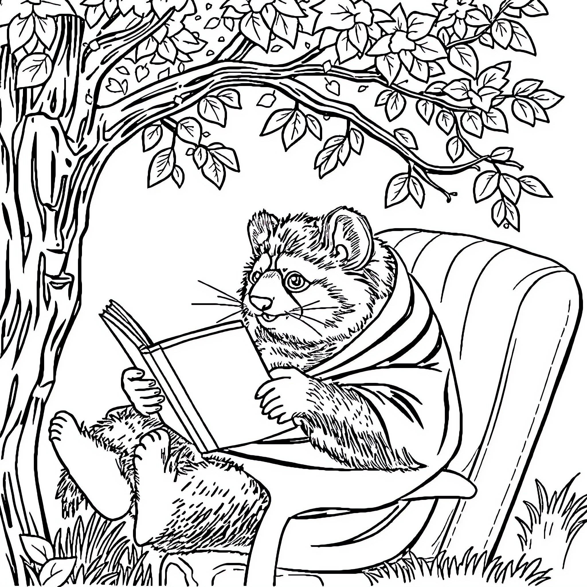 Bear reading book in nature Coloring Page (free black-and-white line drawing printable PDF for all, from beginners to advanced learners, including children, teens, adults, and seniors)
