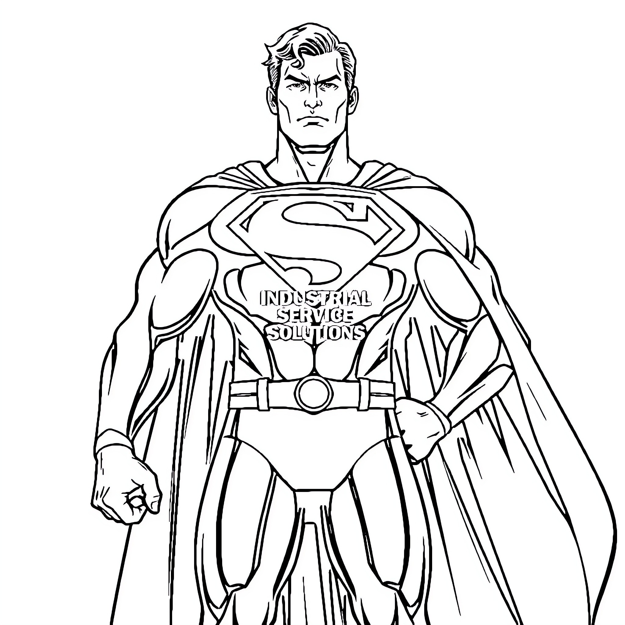 Superman standing with determination in uniform Coloring Page (free black-and-white line drawing printable PDF for all, from beginners to advanced learners, including children, teens, adults, and seniors)