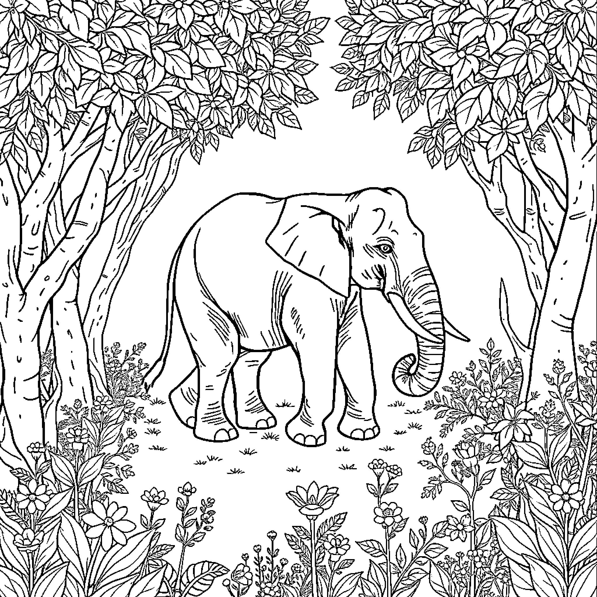 Elephant in the Lush Jungle Landscape Coloring Page (free black-and-white line drawing printable PDF for all, from beginners to advanced learners, including children, teens, adults, and seniors)