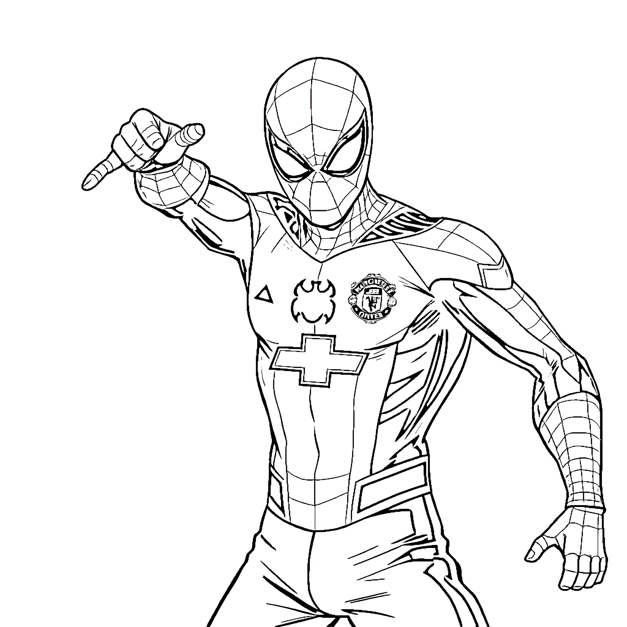 Spider-Man in heroic pose with emblems Coloring Page (free black-and-white line drawing printable PDF for all, from beginners to advanced learners, including children, teens, adults, and seniors)
