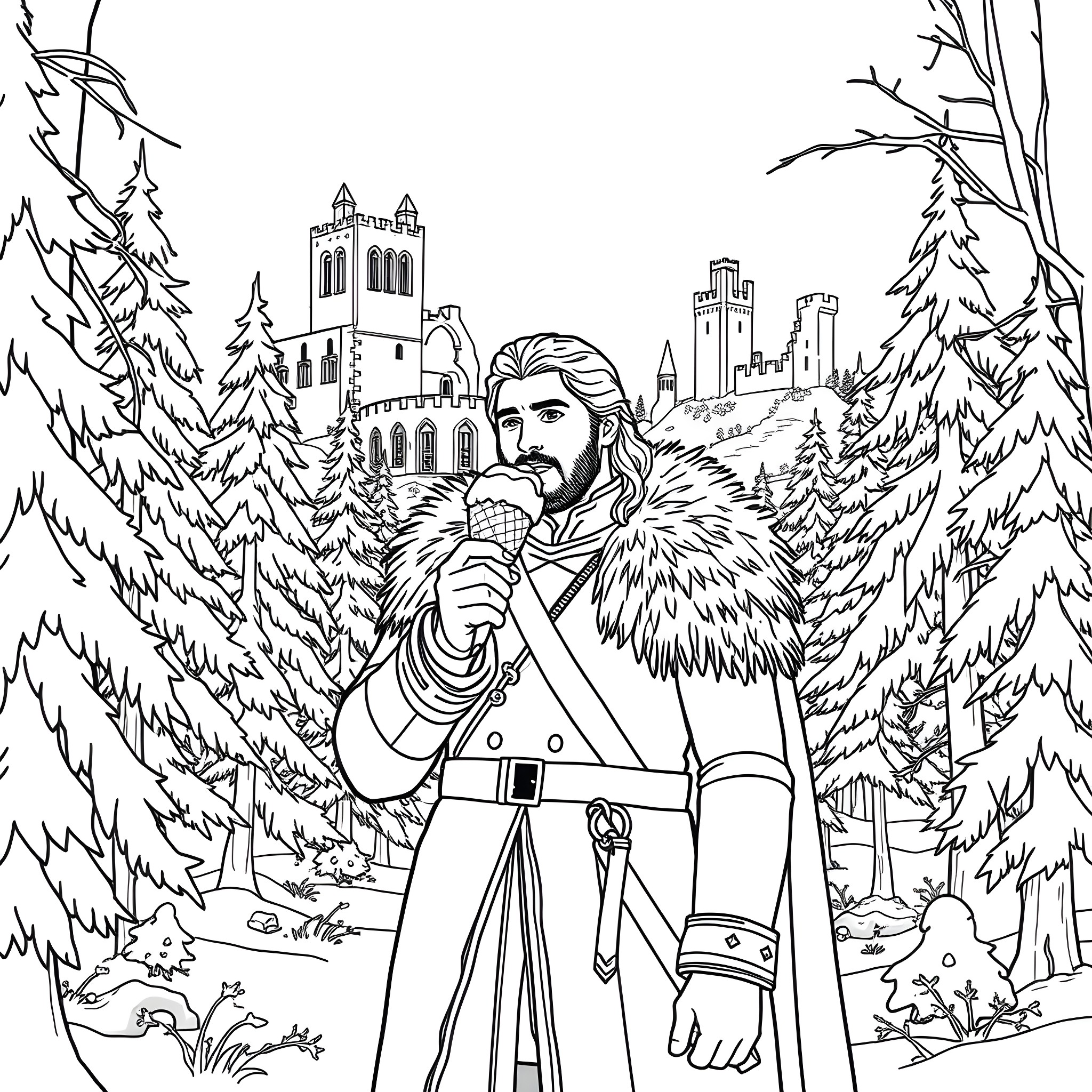 Jon Snow standing amidst a snowy landscape with castles in the distance Coloring Page (free black-and-white line drawing printable PDF for all, from beginners to advanced learners, including children, teens, adults, and seniors)