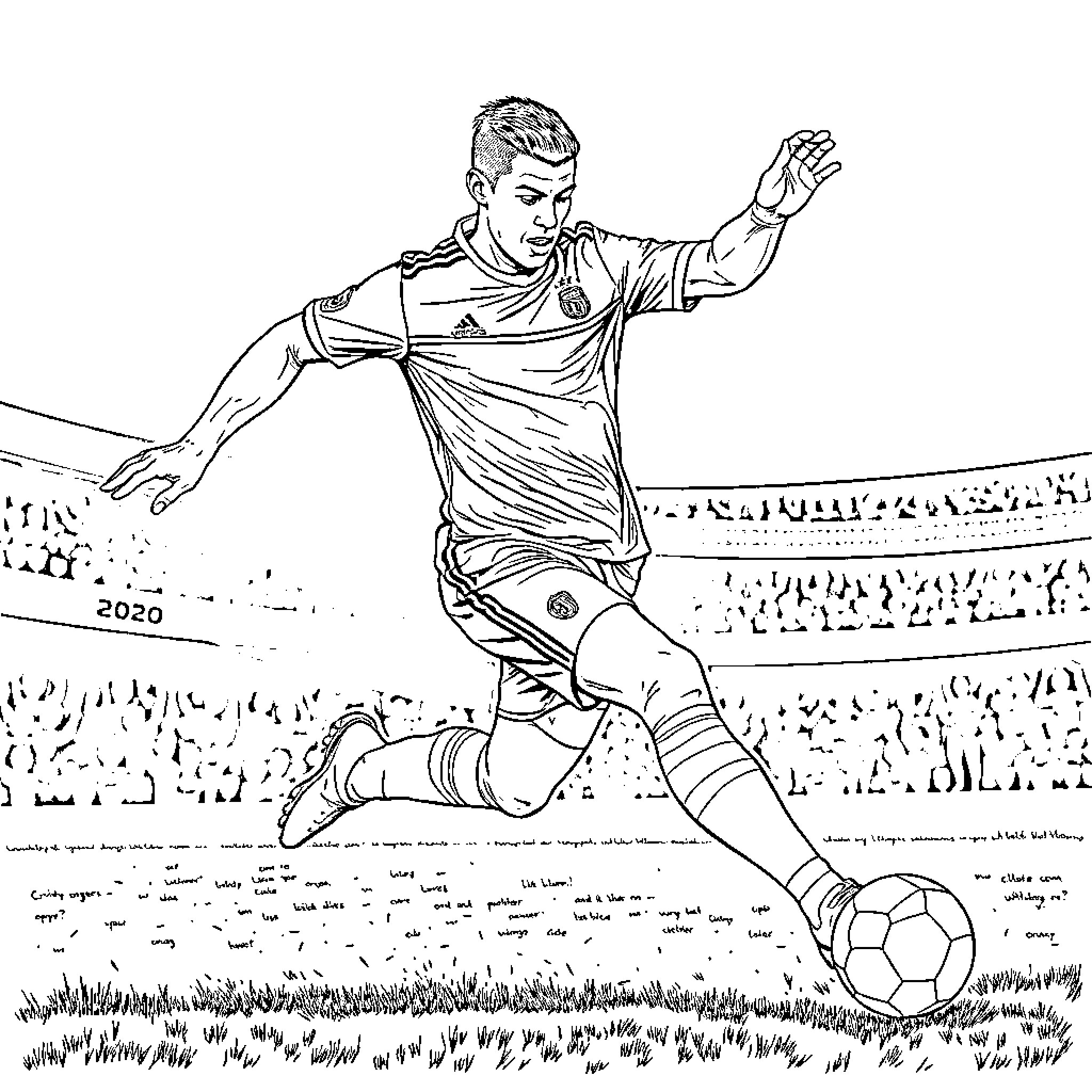 Cristiano Ronaldo Scoring a Goal in a Soccer Match Coloring Page (free black-and-white line drawing printable PDF for all, from beginners to advanced learners, including children, teens, adults, and seniors)