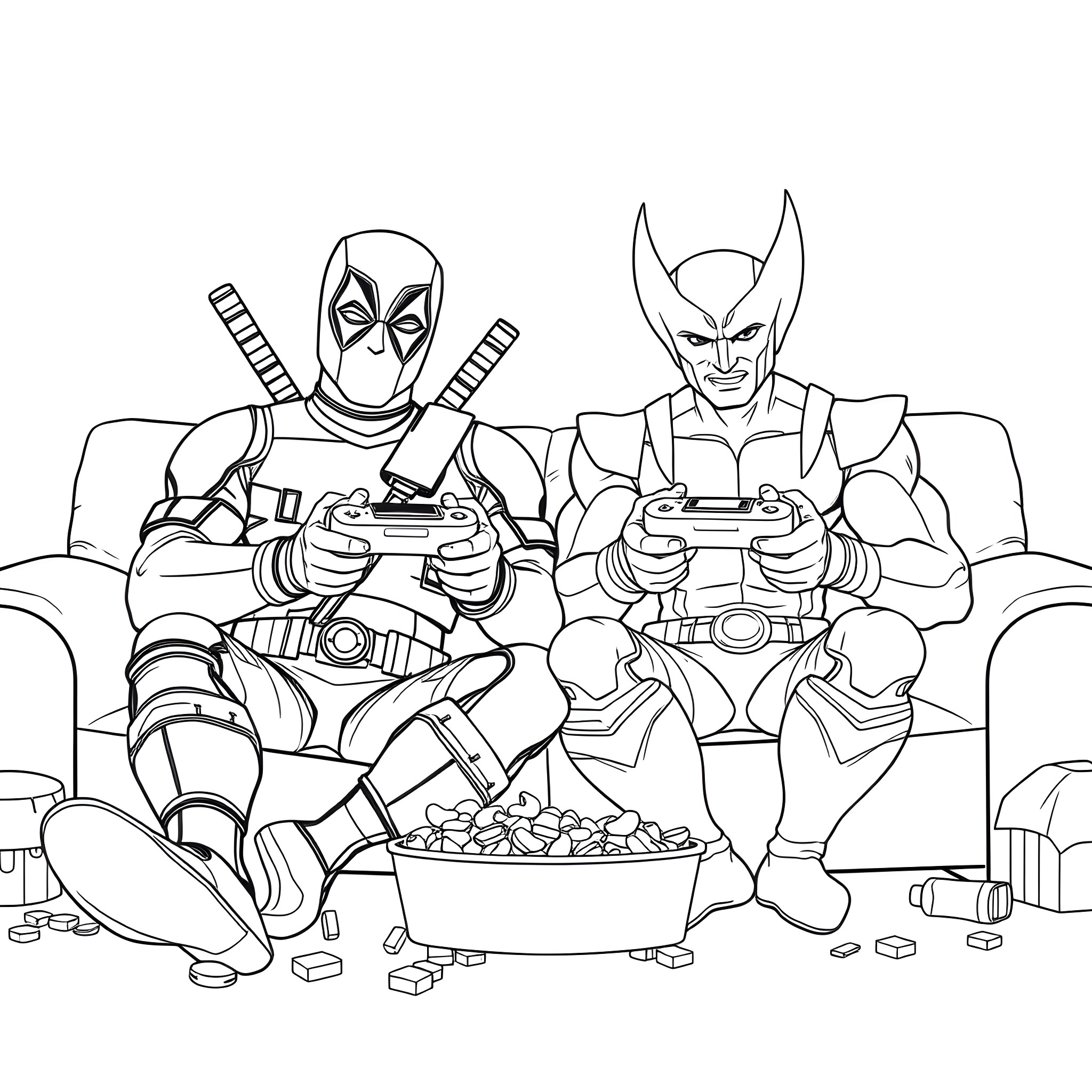 Deadpool and Wolverine playing video games on the couch Coloring Page (free black-and-white line drawing printable PDF for all, from beginners to advanced learners, including children, teens, adults, and seniors)