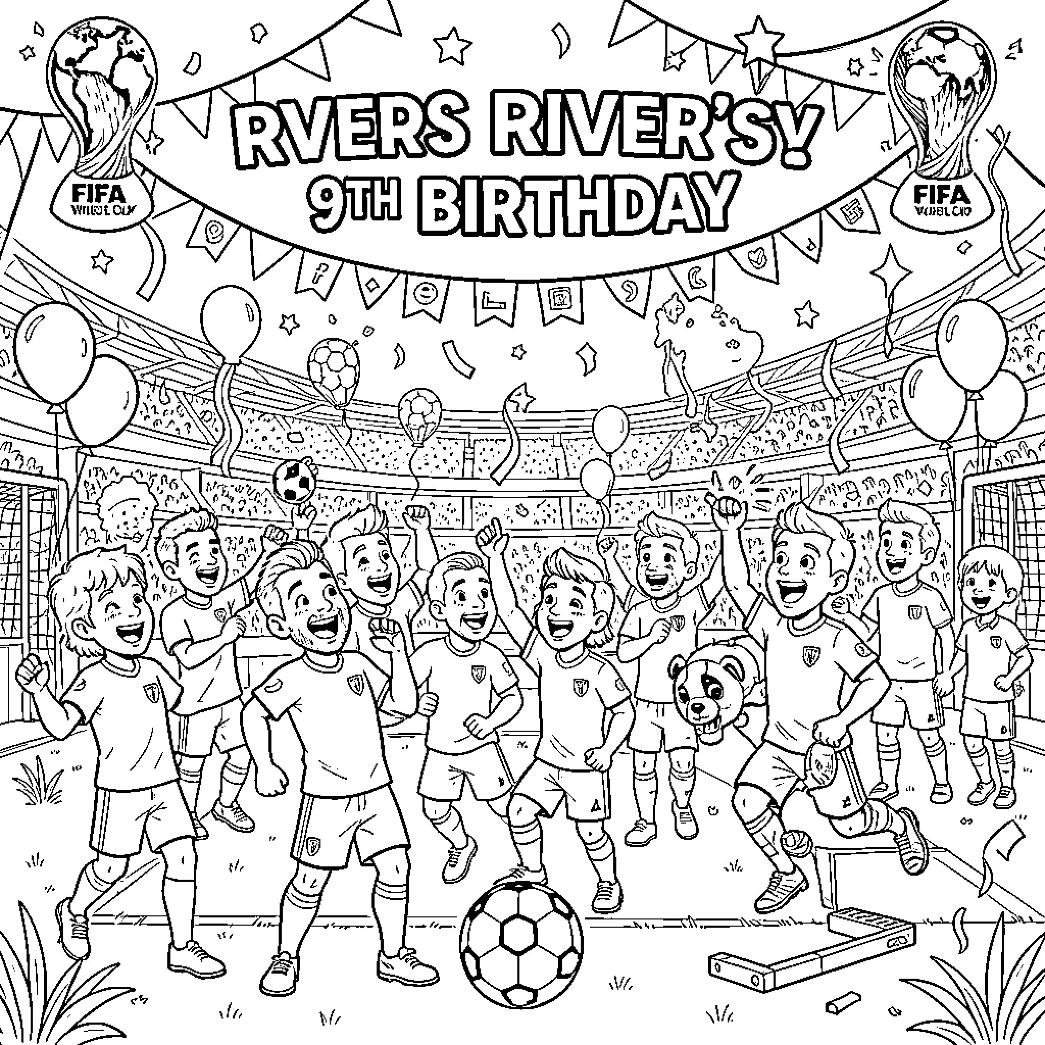 FIFA World Cup themed group of boys celebrating Coloring Page (free black-and-white line drawing printable PDF for all, from beginners to advanced learners, including children, teens, adults, and seniors)