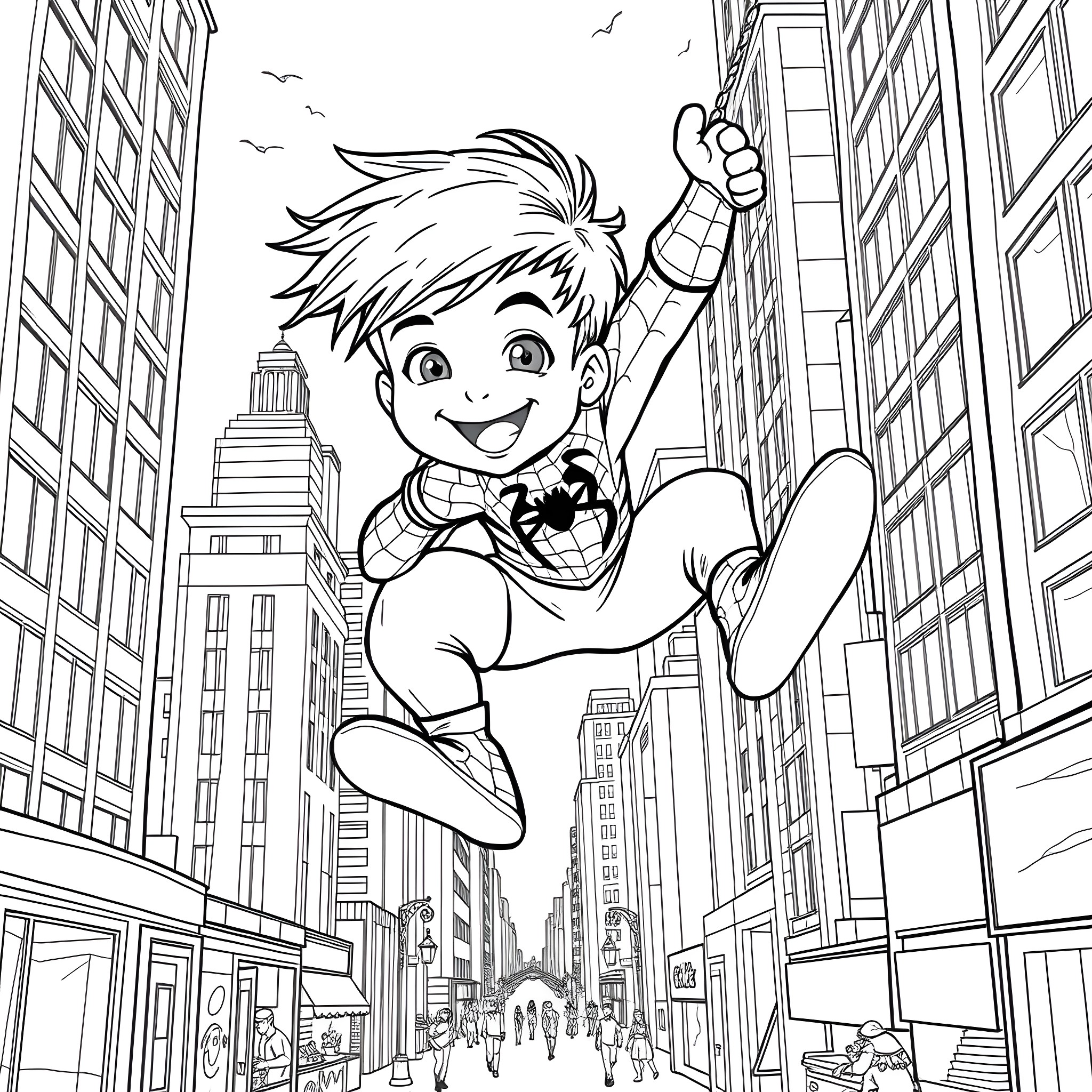 Boy swinging through the city skyline Coloring Page (free black-and-white line drawing printable PDF for all, from beginners to advanced learners, including children, teens, adults, and seniors)