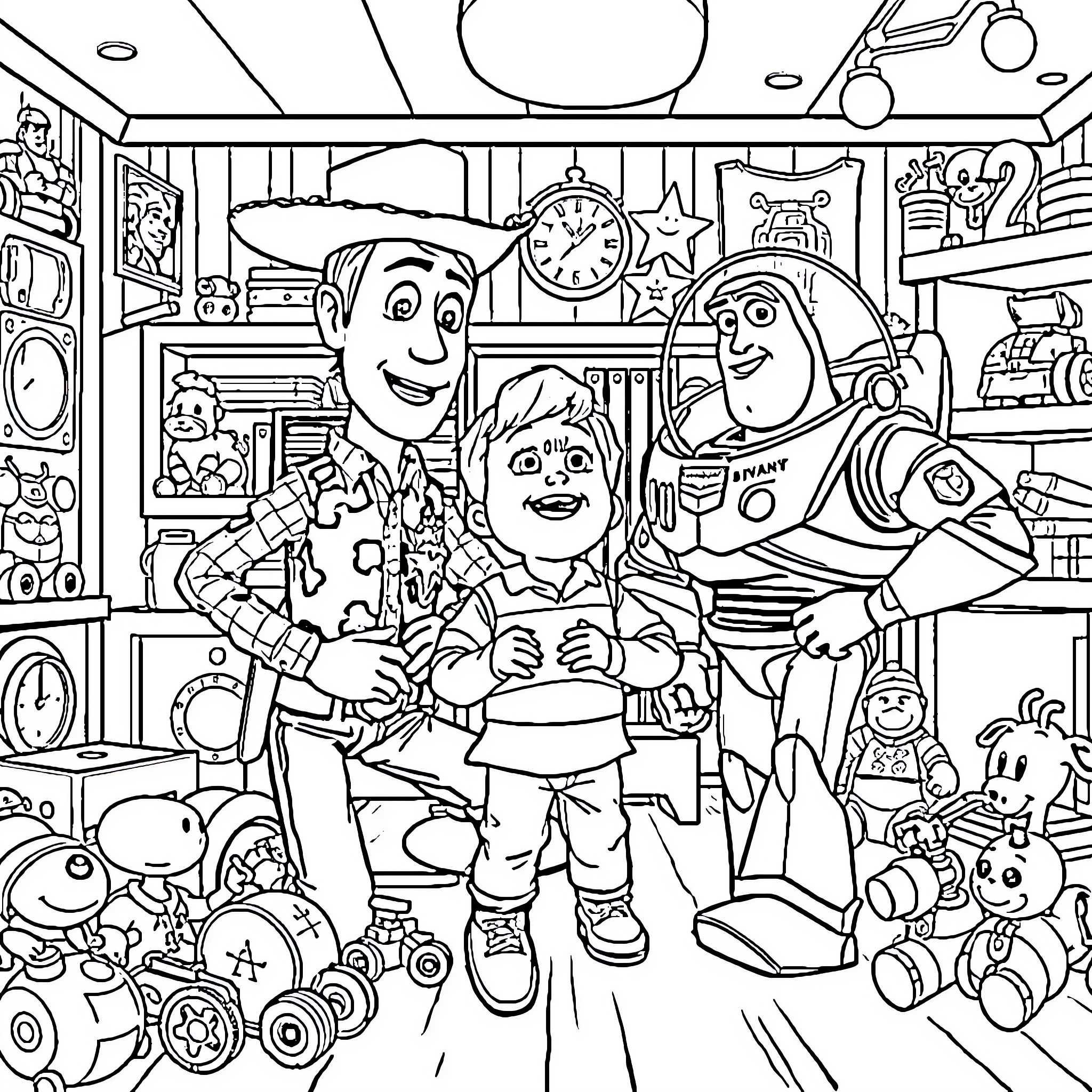 Woody and Buzz Lightyear in a joyful toy room adventure Coloring Page (free black-and-white line drawing printable PDF for all, from beginners to advanced learners, including children, teens, adults, and seniors)