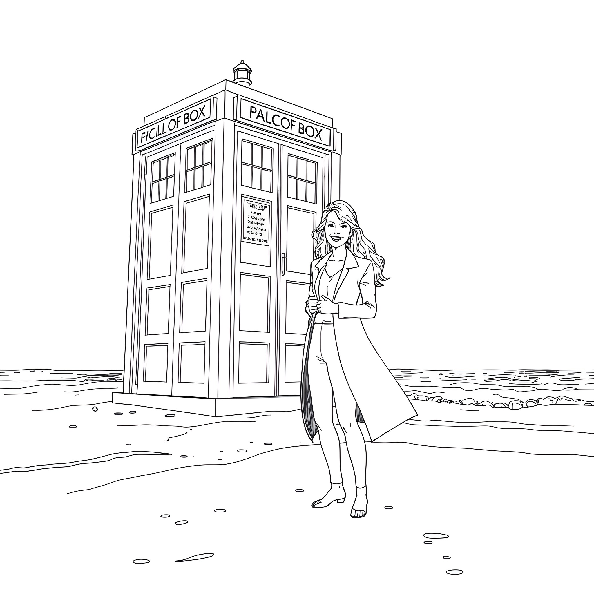 Doctor stands near a police box on a beach Coloring Page (free black-and-white line drawing printable PDF for all, from beginners to advanced learners, including children, teens, adults, and seniors)
