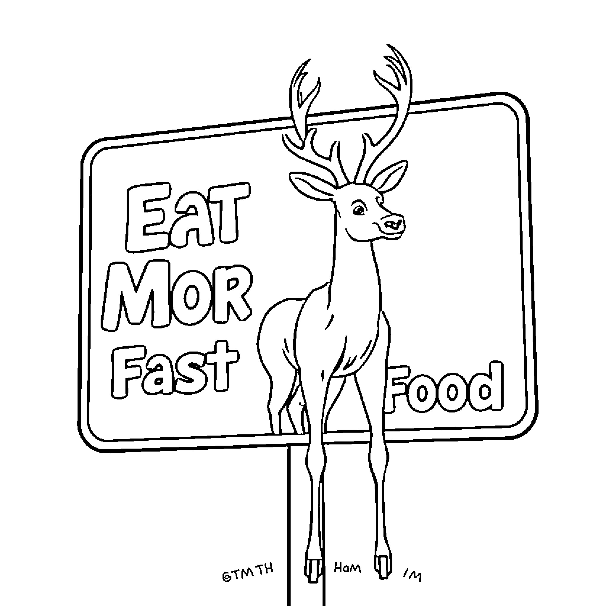 Deer advertising fast food restaurant Coloring Page (free black-and-white line drawing printable PDF for all, from beginners to advanced learners, including children, teens, adults, and seniors)