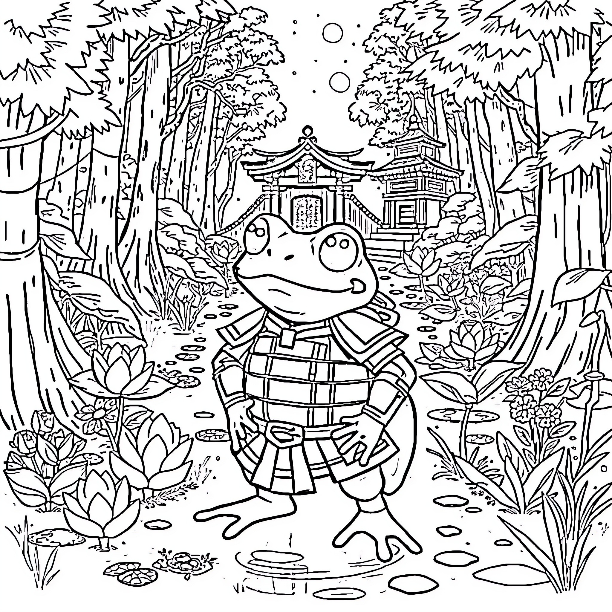 Frog exploring serene Japanese garden Coloring Page (free black-and-white line drawing printable PDF for all, from beginners to advanced learners, including children, teens, adults, and seniors)
