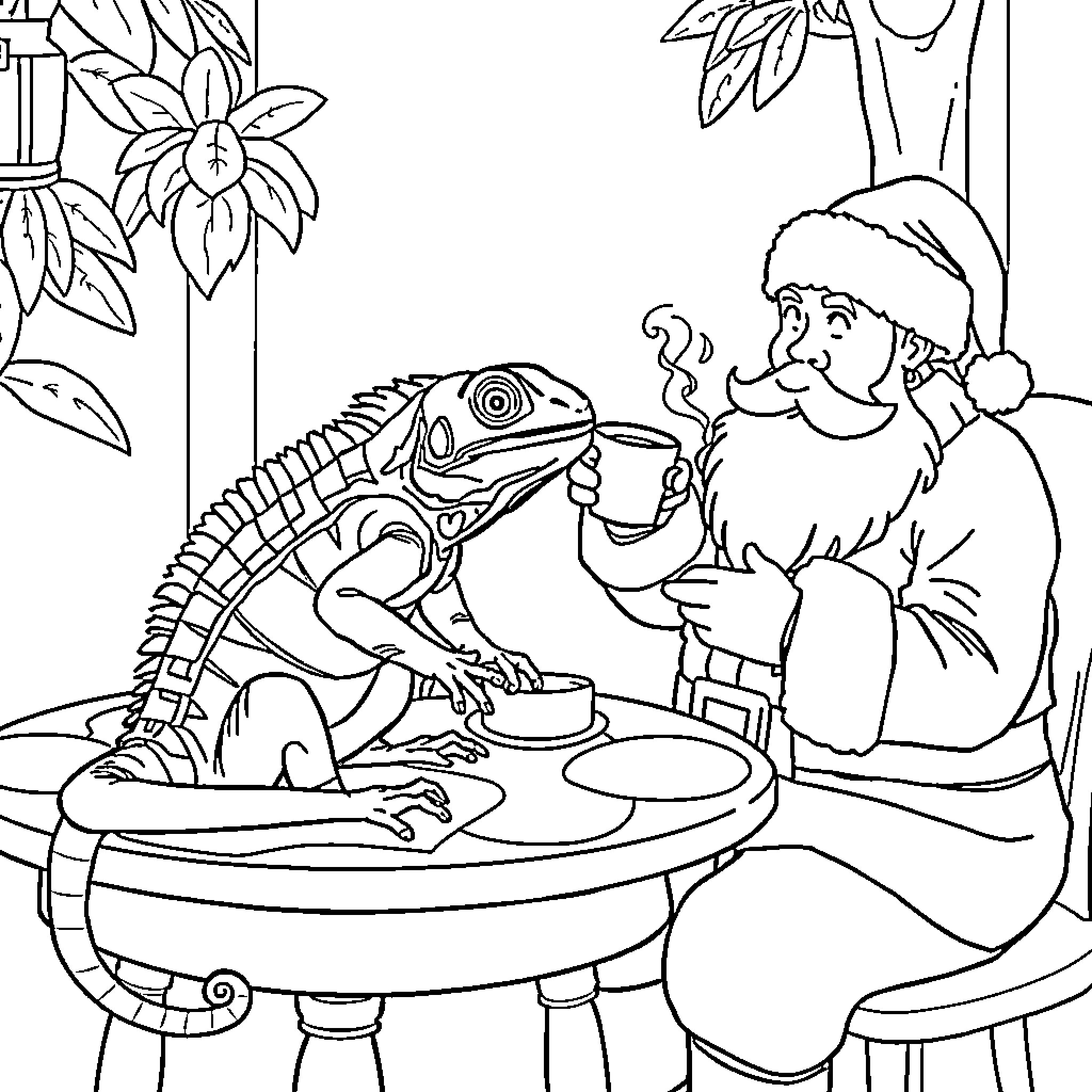Iguana enjoying a meal with Santa Coloring Page (free black-and-white line drawing printable PDF for all, from beginners to advanced learners, including children, teens, adults, and seniors)