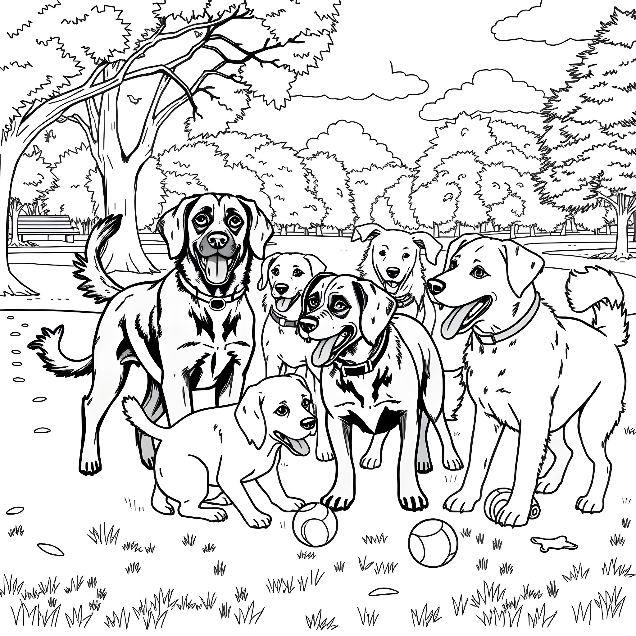 Dog Family Playing in the Park Coloring Page (free black-and-white line drawing printable PDF for all, from beginners to advanced learners, including children, teens, adults, and seniors)