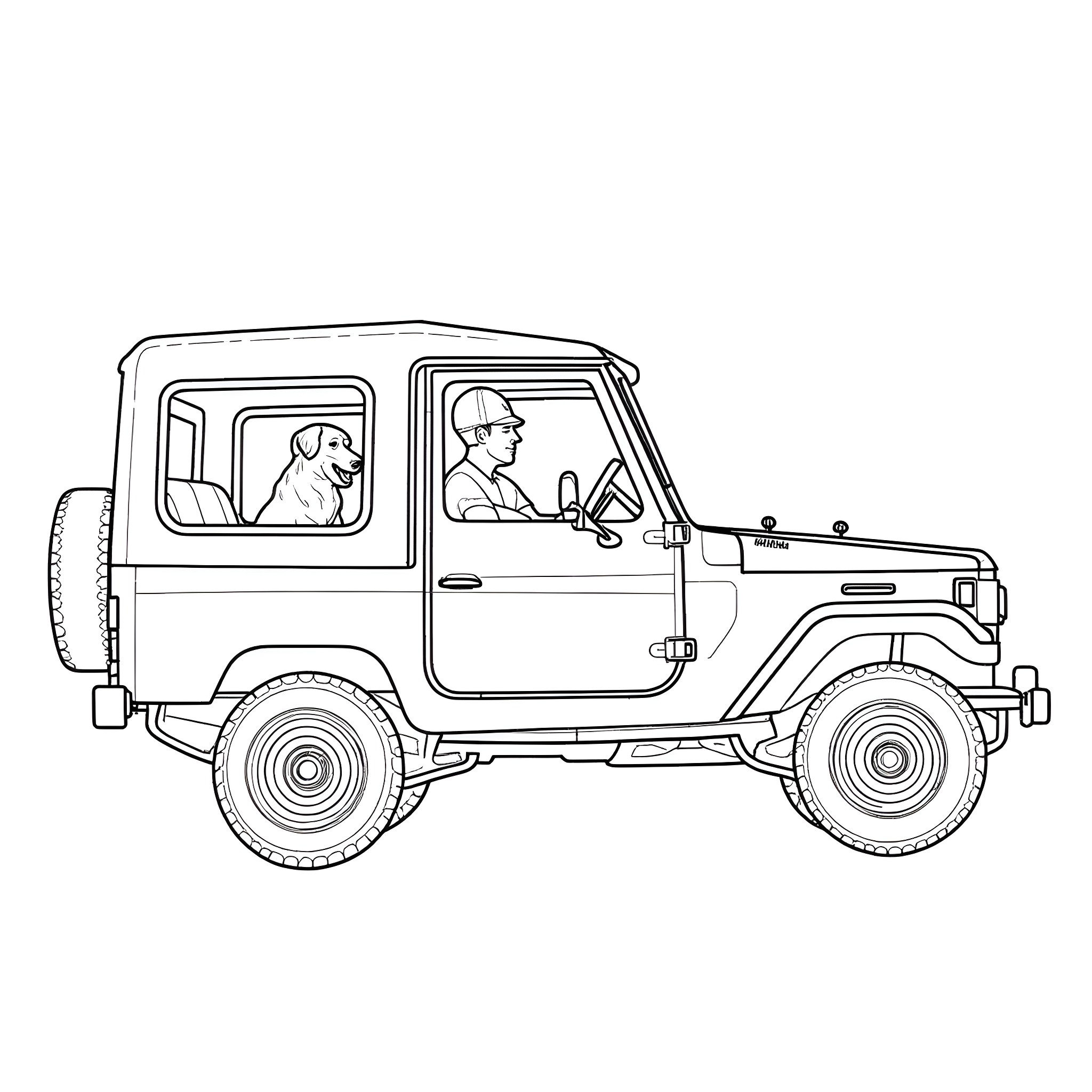 Land Cruiser with driver and dog in the wilderness Coloring Page (free black-and-white line drawing printable PDF for all, from beginners to advanced learners, including children, teens, adults, and seniors)