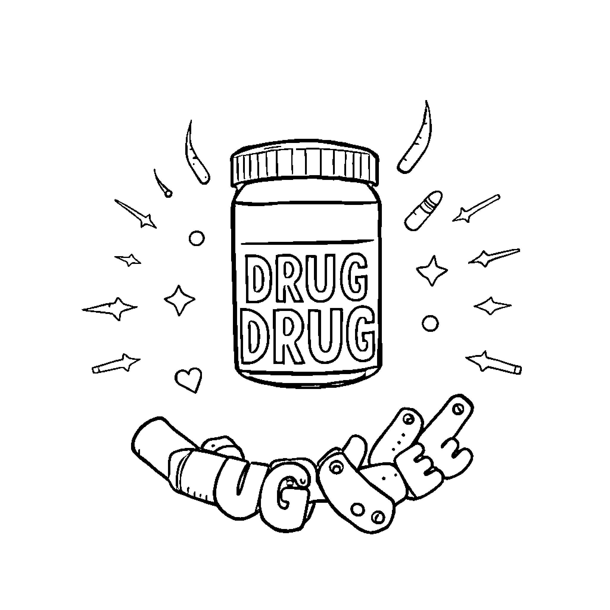 Drug drug bottle with scattered pills Coloring Page (free black-and-white line drawing printable PDF for all, from beginners to advanced learners, including children, teens, adults, and seniors)
