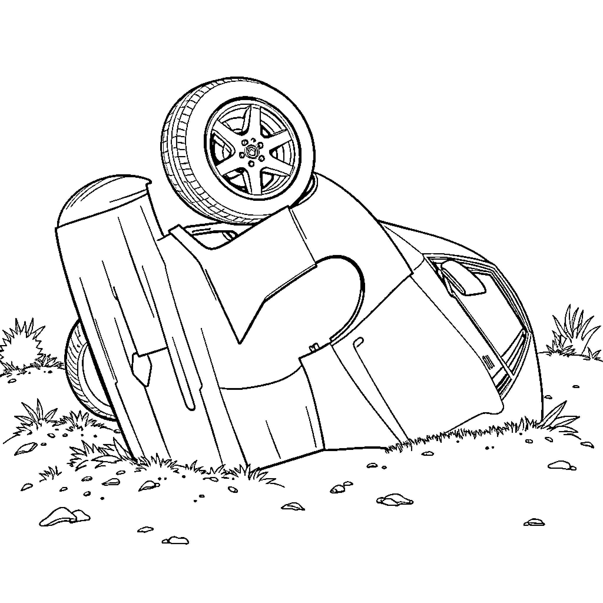 Toyota Vehicle Flipped Over on Grassy Field Coloring Page (free black-and-white line drawing printable PDF for all, from beginners to advanced learners, including children, teens, adults, and seniors)