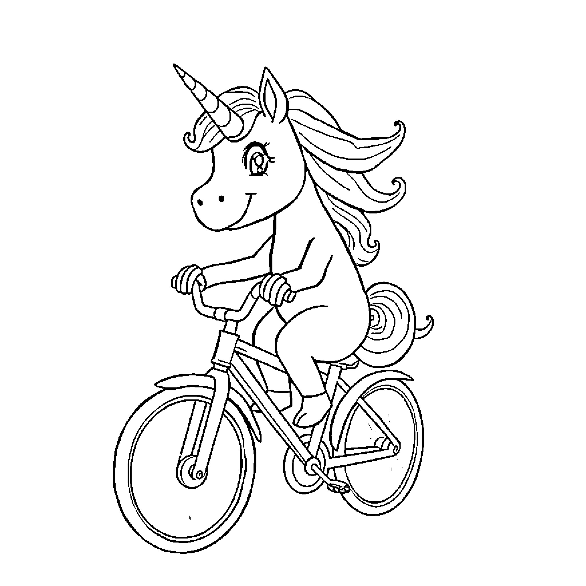 Unicorn Riding a Bicycle with Joy Coloring Page (free black-and-white line drawing printable PDF for all, from beginners to advanced learners, including children, teens, adults, and seniors)