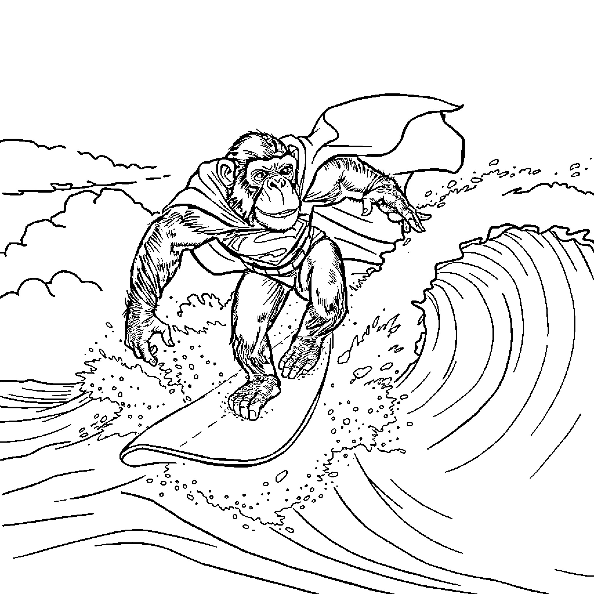 Chimpanzee Surfing Majestic Waves Coloring Page (free black-and-white line drawing printable PDF for all, from beginners to advanced learners, including children, teens, adults, and seniors)
