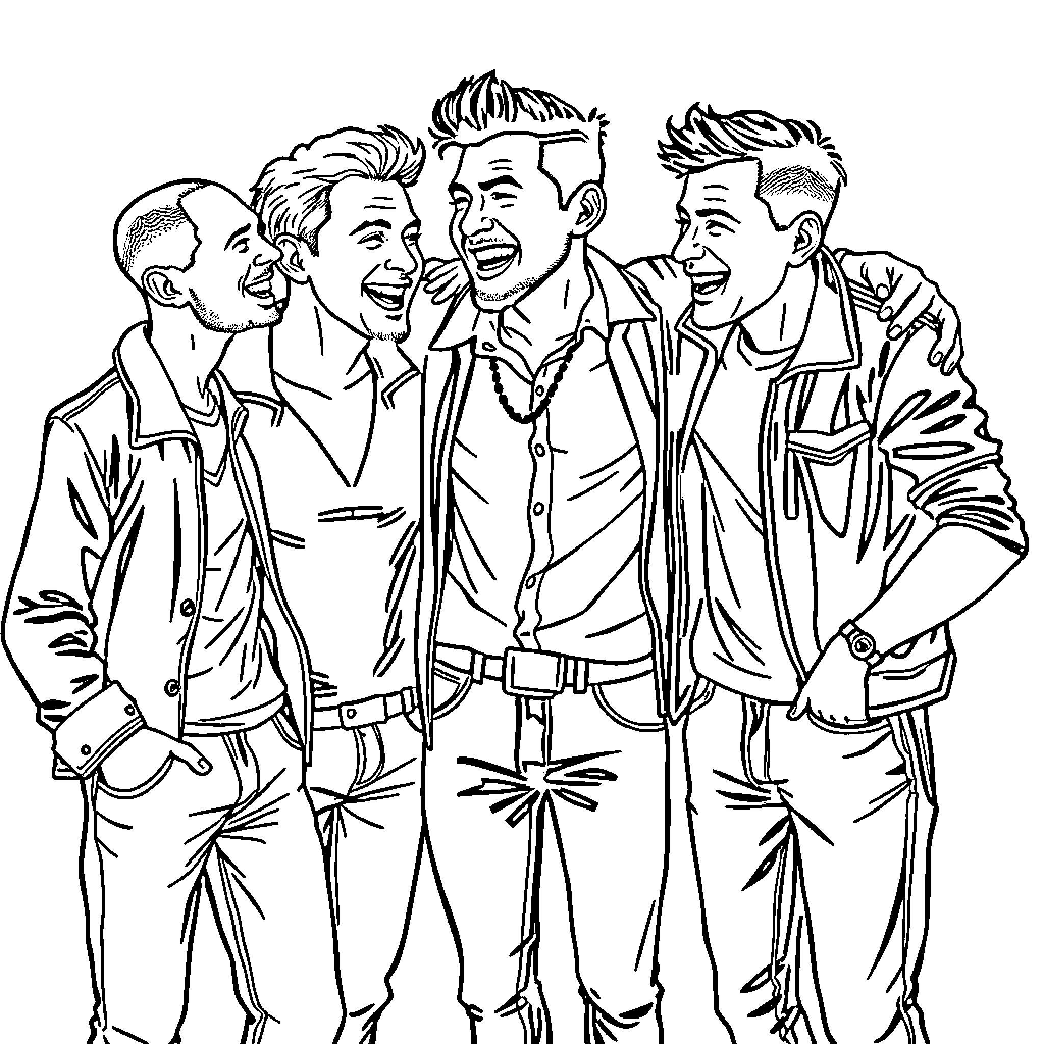Man and friends laughing together in the workplace Coloring Page (free black-and-white line drawing printable PDF for all, from beginners to advanced learners, including children, teens, adults, and seniors)