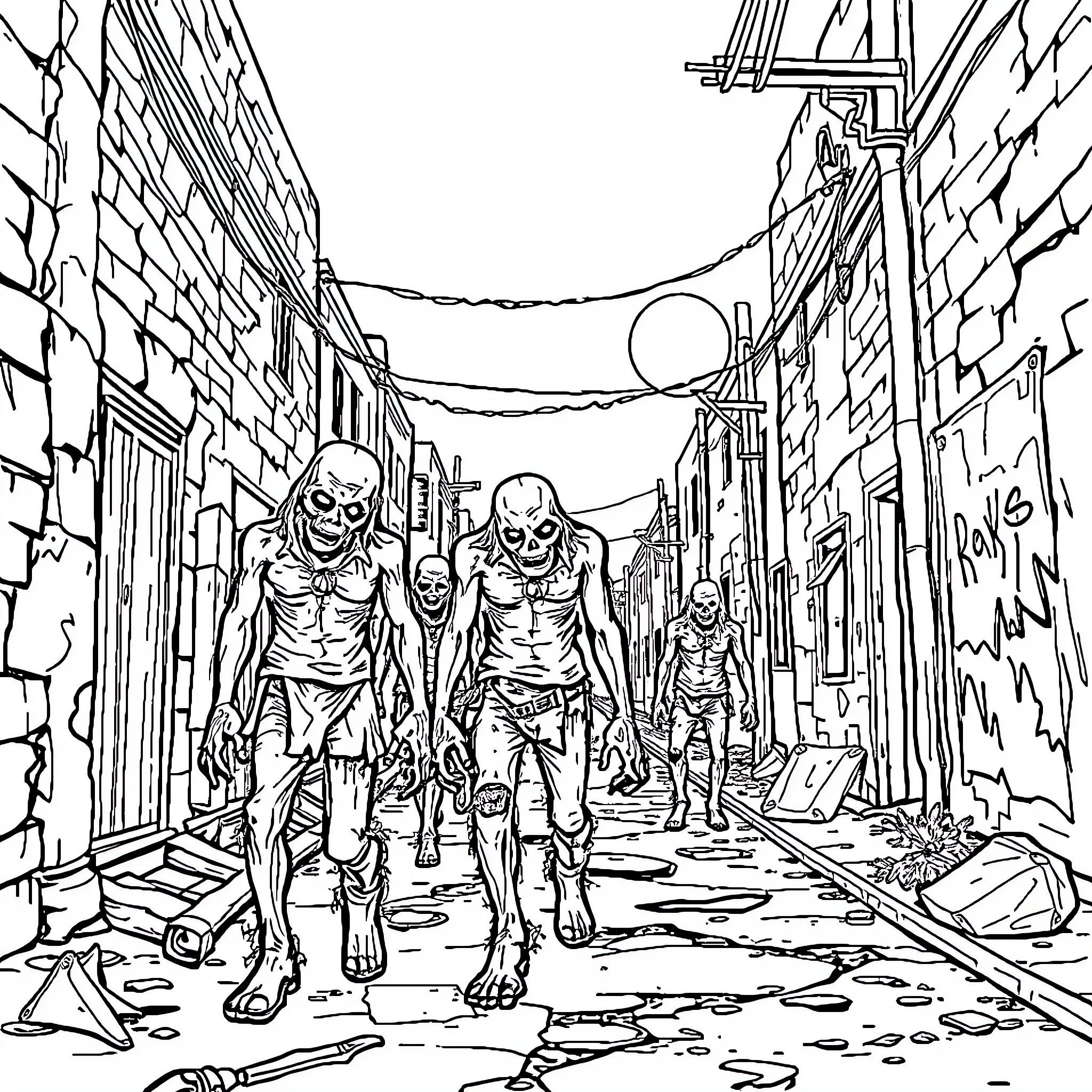 Zombie apocalypse on the desolate city streets Coloring Page (free black-and-white line drawing printable PDF for all, from beginners to advanced learners, including children, teens, adults, and seniors)
