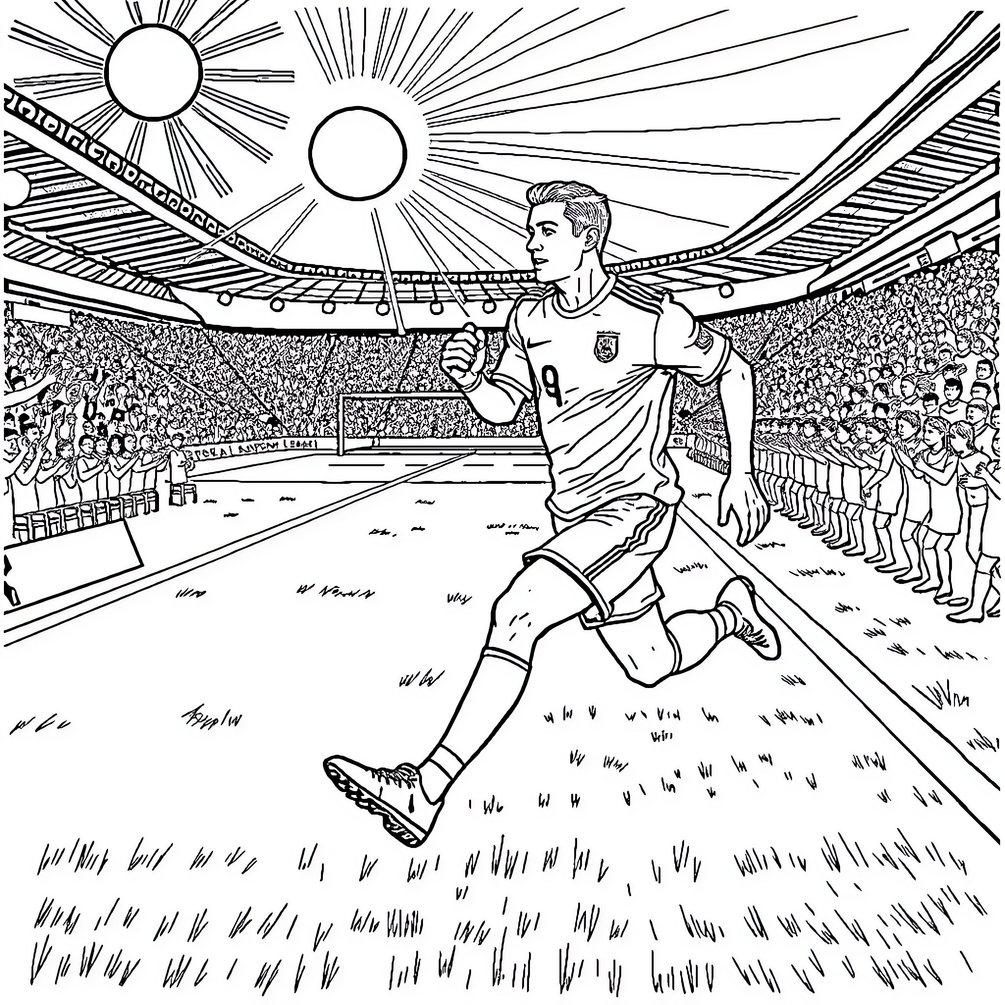 Ronaldo celebrating triumphantly on the soccer field Coloring Page (free black-and-white line drawing printable PDF for all, from beginners to advanced learners, including children, teens, adults, and seniors)