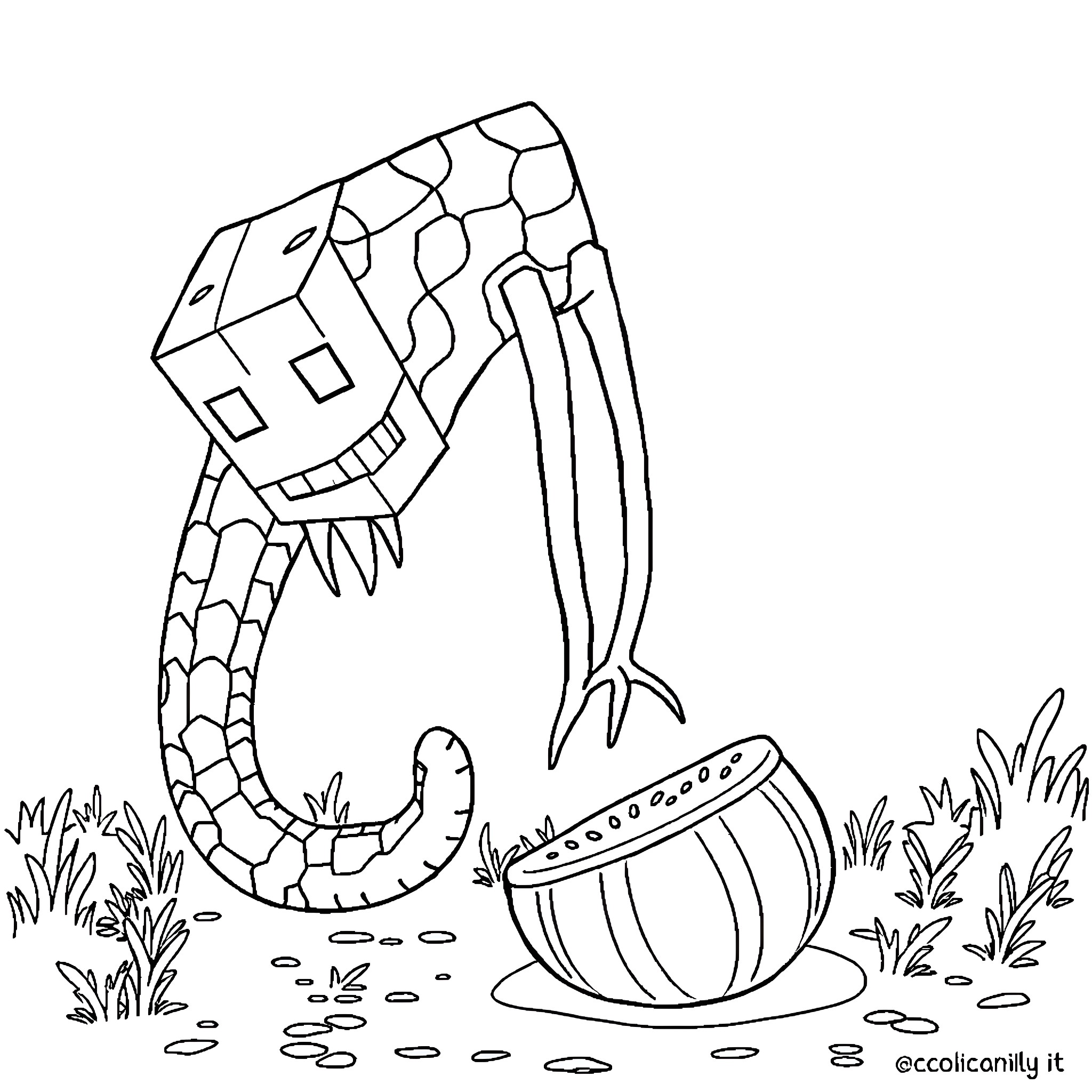 Enderman examining mysterious barrel in nature Coloring Page (free black-and-white line drawing printable PDF for all, from beginners to advanced learners, including children, teens, adults, and seniors)