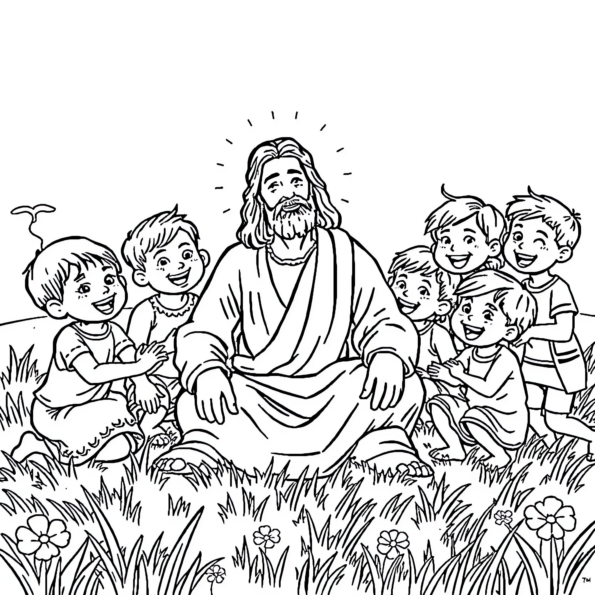 Jesus teaching and interacting with children in a field Coloring Page (free black-and-white line drawing printable PDF for all, from beginners to advanced learners, including children, teens, adults, and seniors)