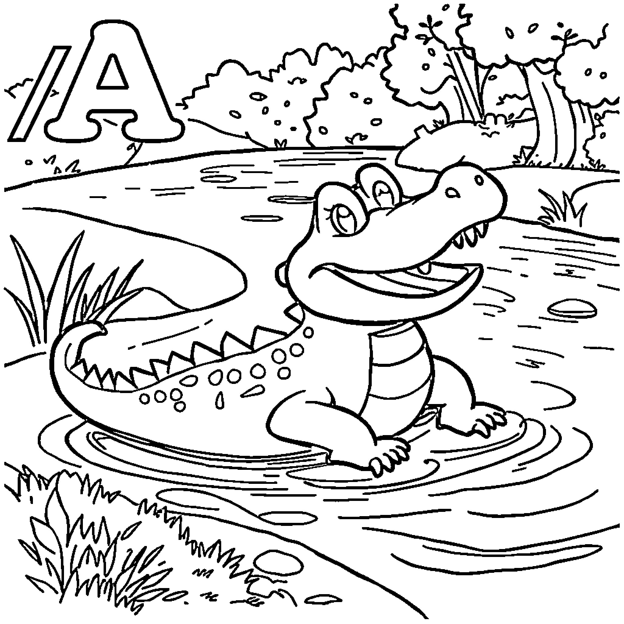 Alligator splashing and playing in the pond Coloring Page (free black-and-white line drawing printable PDF for all, from beginners to advanced learners, including children, teens, adults, and seniors)