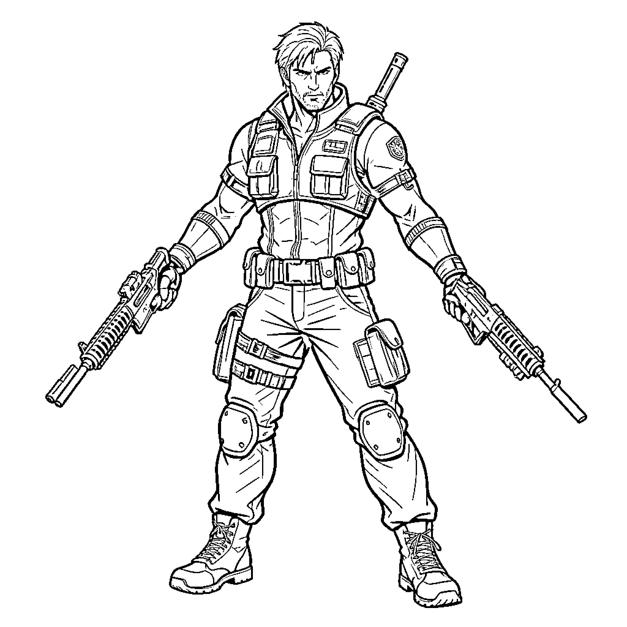 Leon standing heroically while wielding dual assault rifles Coloring Page (free black-and-white line drawing printable PDF for all, from beginners to advanced learners, including children, teens, adults, and seniors)