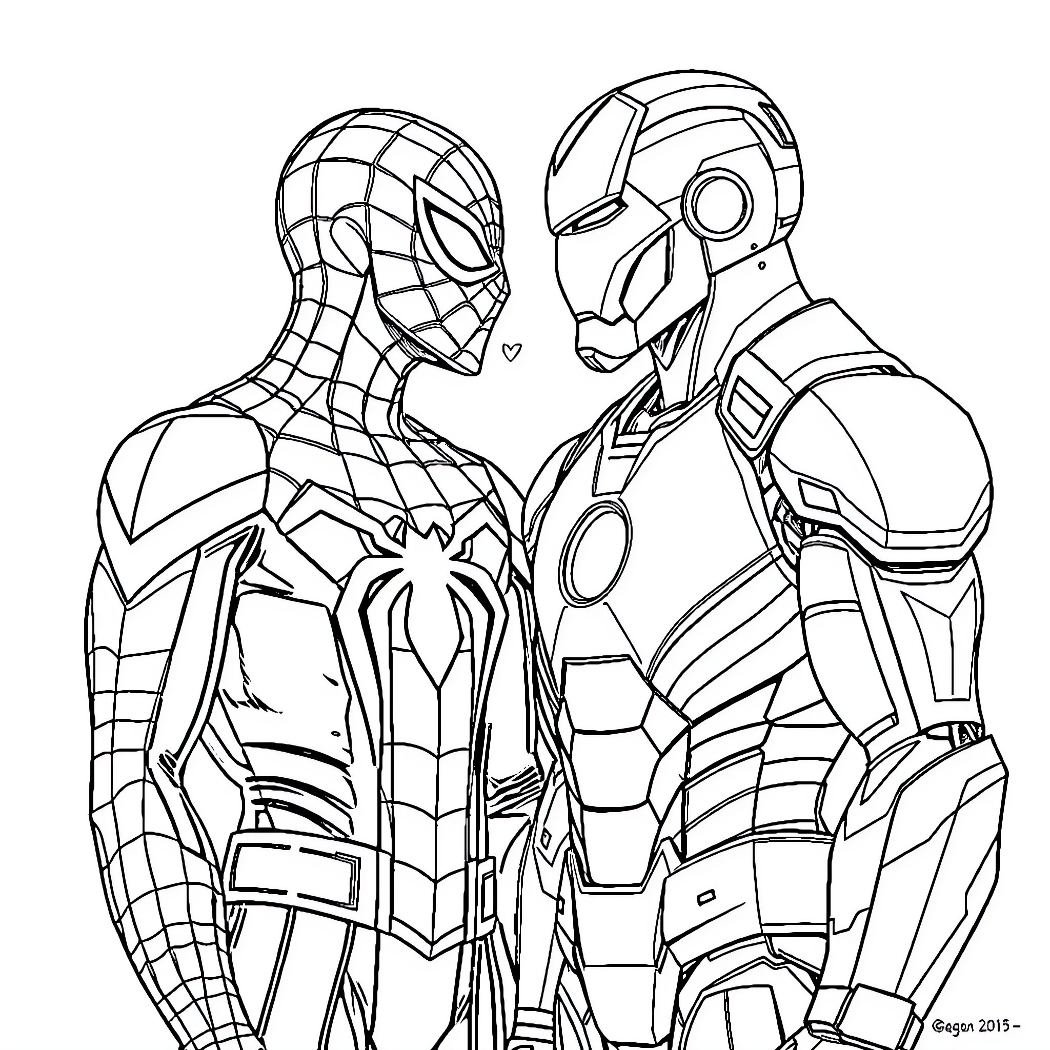 Spiderman and Iron Man Standing Together Coloring Page (free black-and-white line drawing printable PDF for all, from beginners to advanced learners, including children, teens, adults, and seniors)
