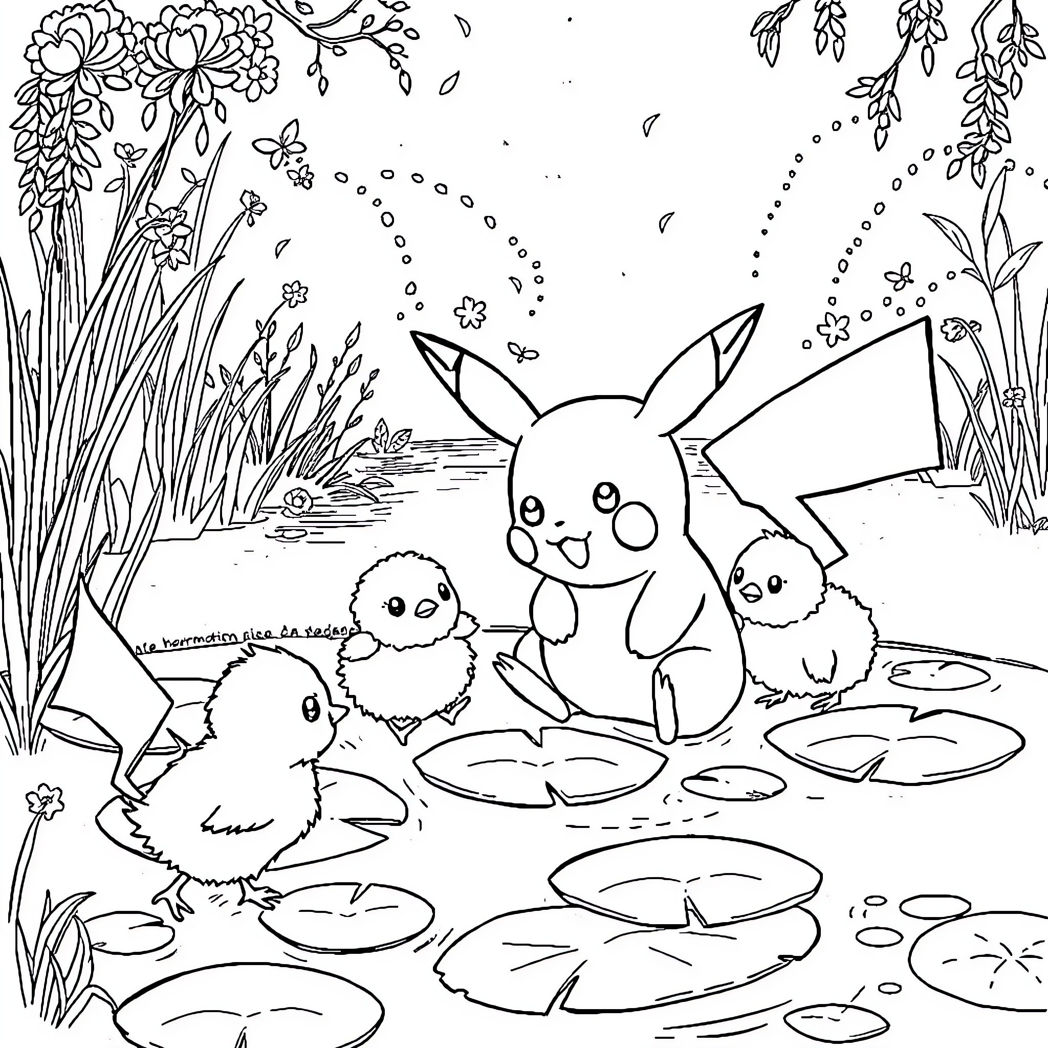 Pikachu enjoying nature with baby animals Coloring Page (free black-and-white line drawing printable PDF for all, from beginners to advanced learners, including children, teens, adults, and seniors)