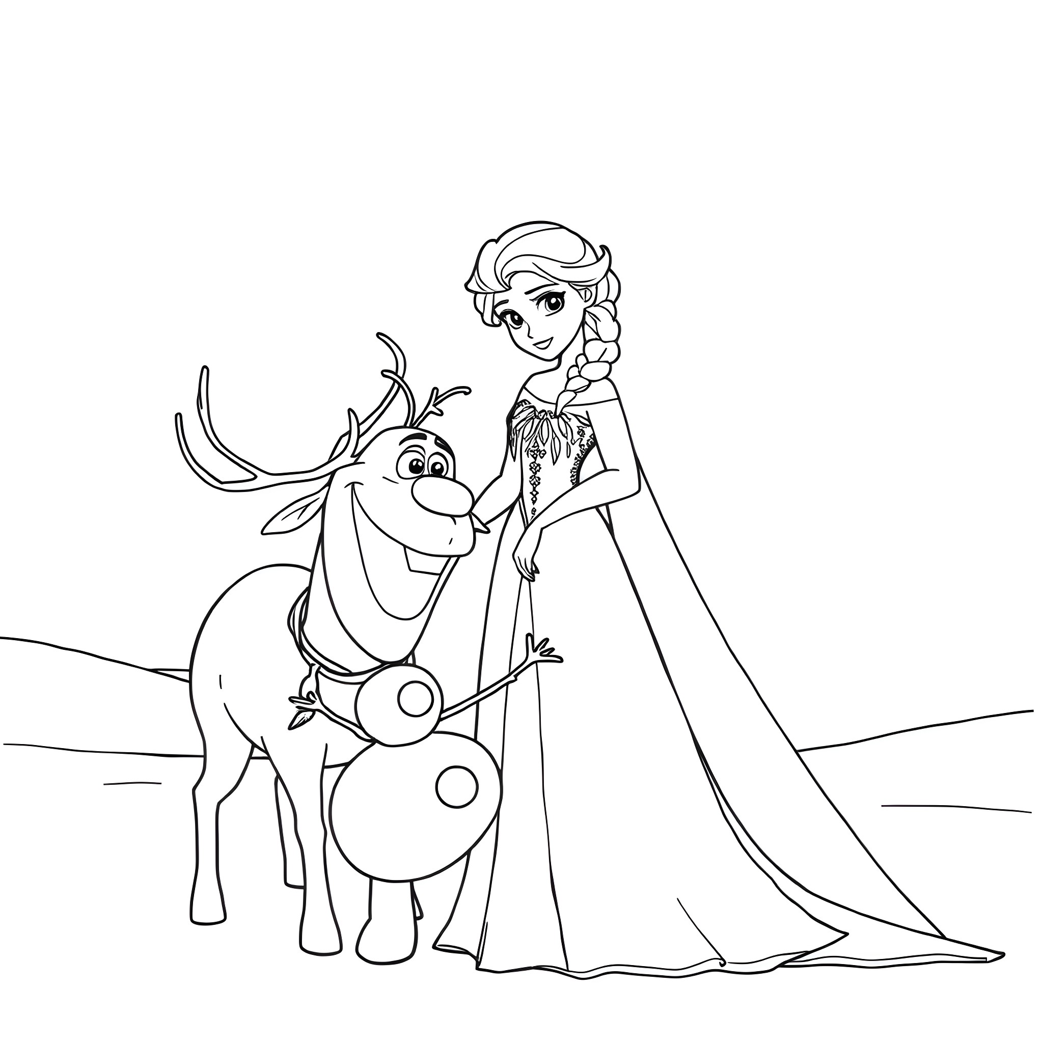 Elsa and Olaf enjoying winter adventure Coloring Page (free black-and-white line drawing printable PDF for all, from beginners to advanced learners, including children, teens, adults, and seniors)